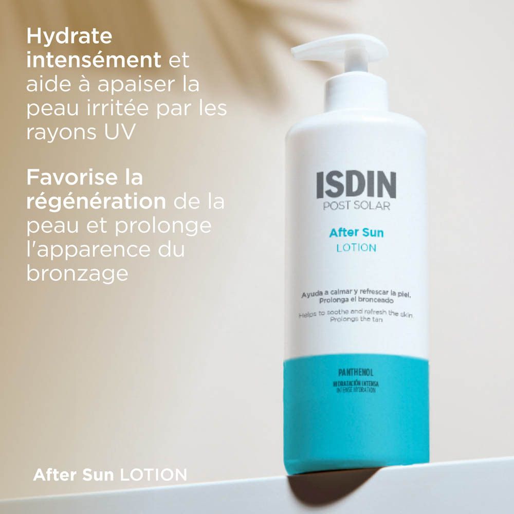 Flacon ISDIN Post-Solar After Sun Lotion. Texte: Pour tous types de peau. Testé dermatologiquement.