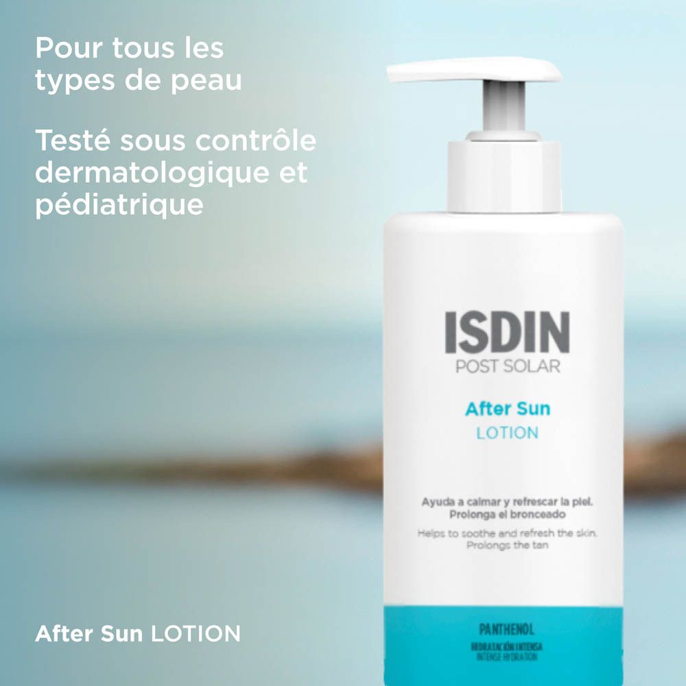 Lotion sur fond blanc. Texte: Panthénol, Vitamine E.
