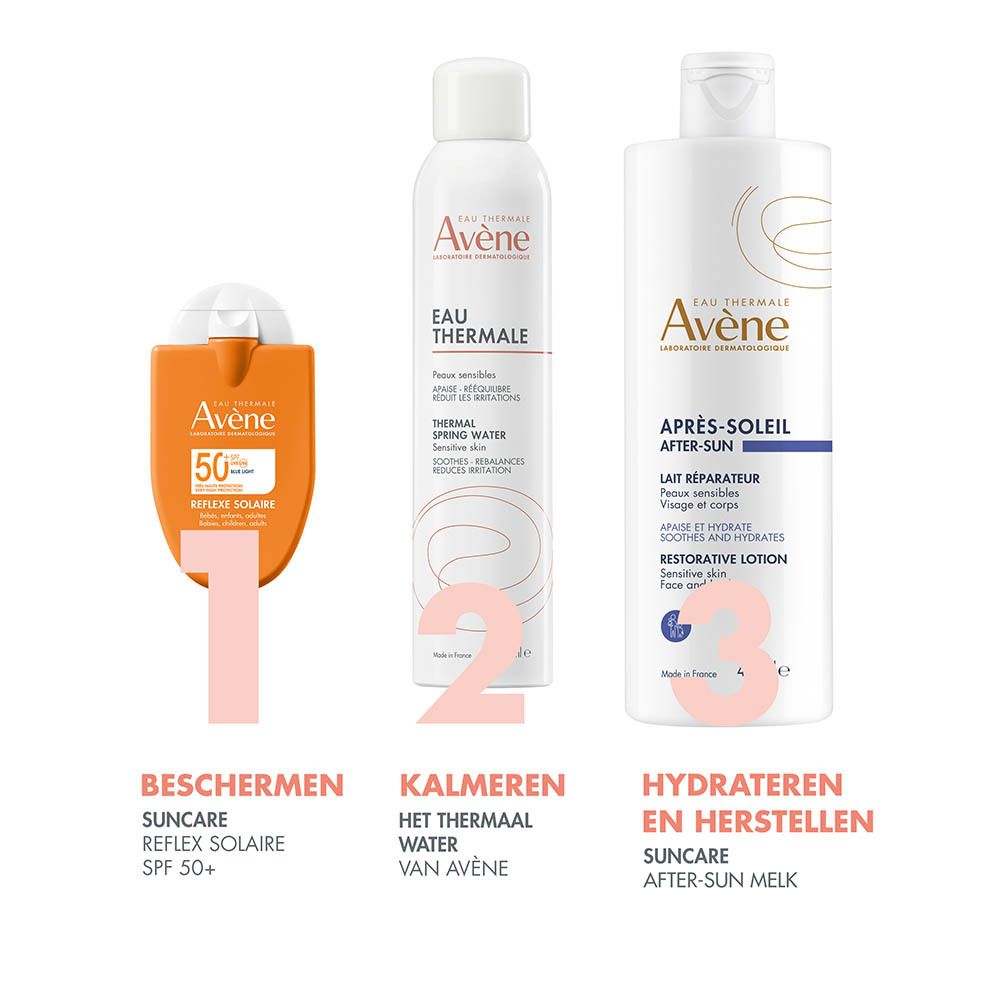 Avene zonnebrandcrème SPF 50+, thermaal water en aftersun lotion.