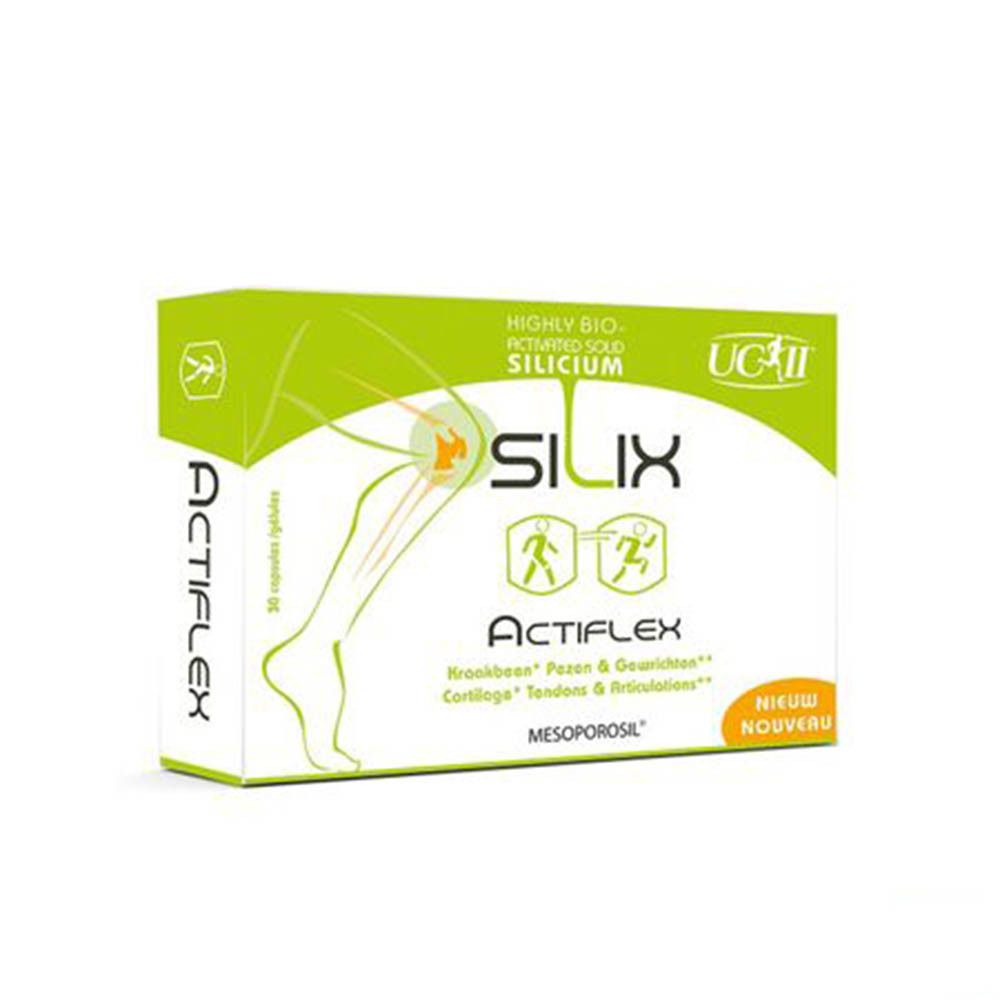 Boîte "Silix ActiFlex". Design vert et blanc, nom du produit et logos. Label "Nieuw Nouveau".