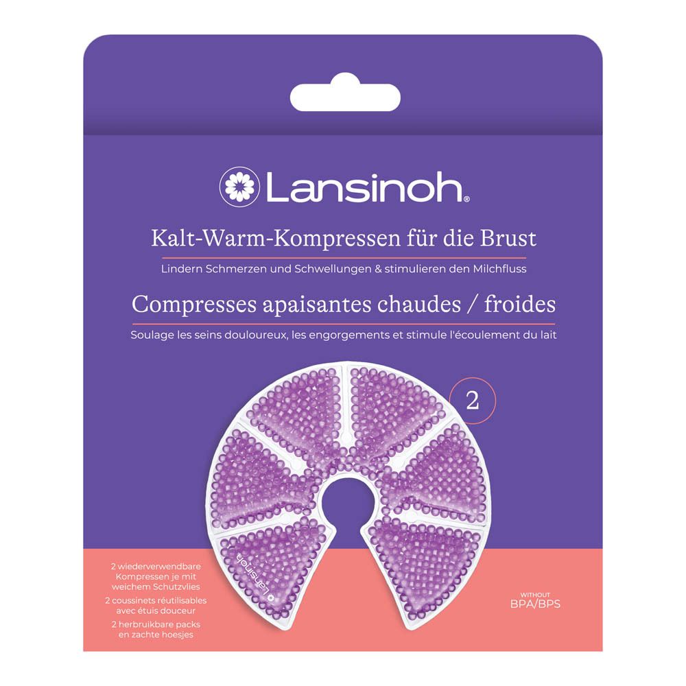 Boîte de compresses chaudes/froides pour la poitrine. Texte: Lansinoh. Deux compresses sont visibles.