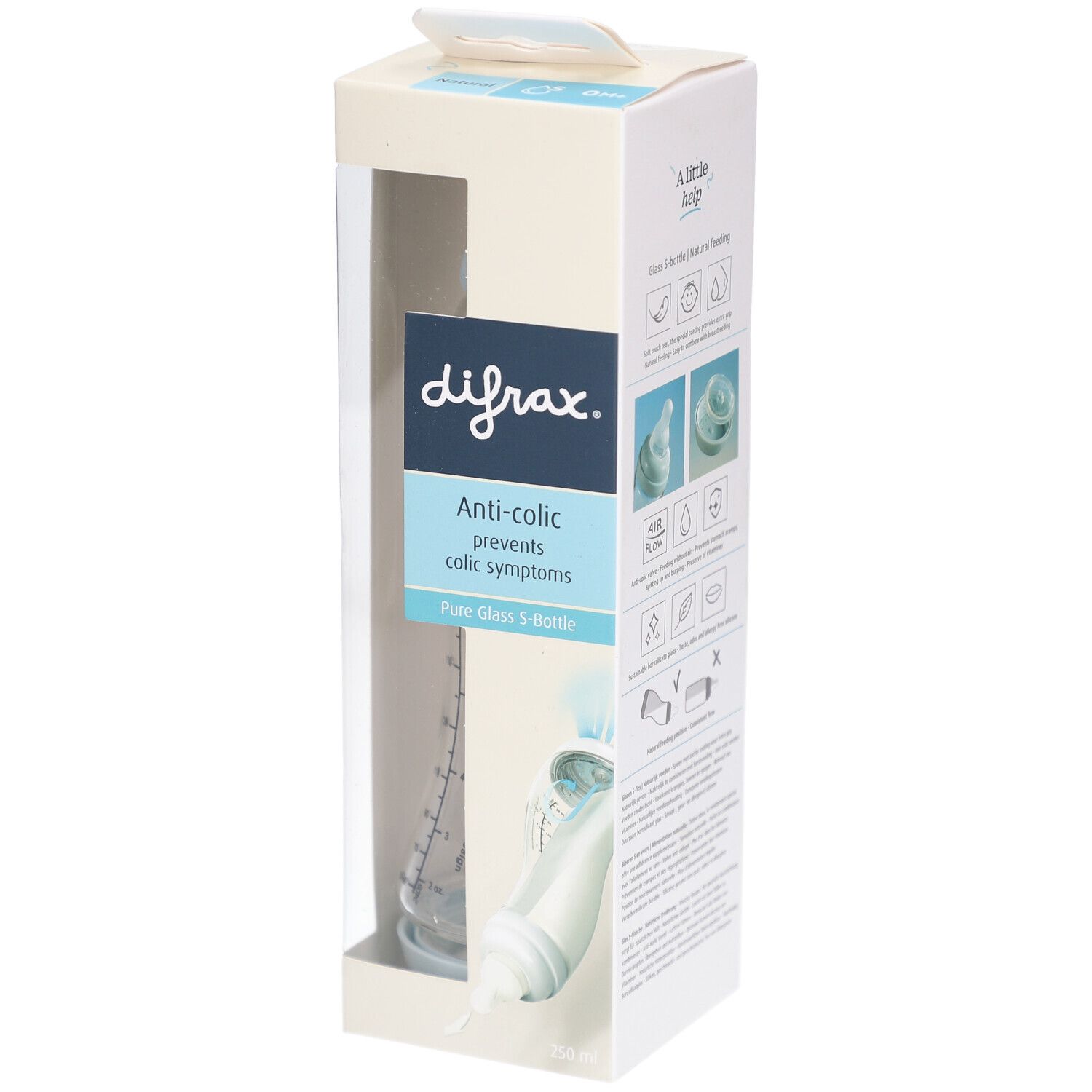 Verpakking met babyfles. Zichtbaar: glazen fles, witte speen, merknaam Difrax, Anti-colic.