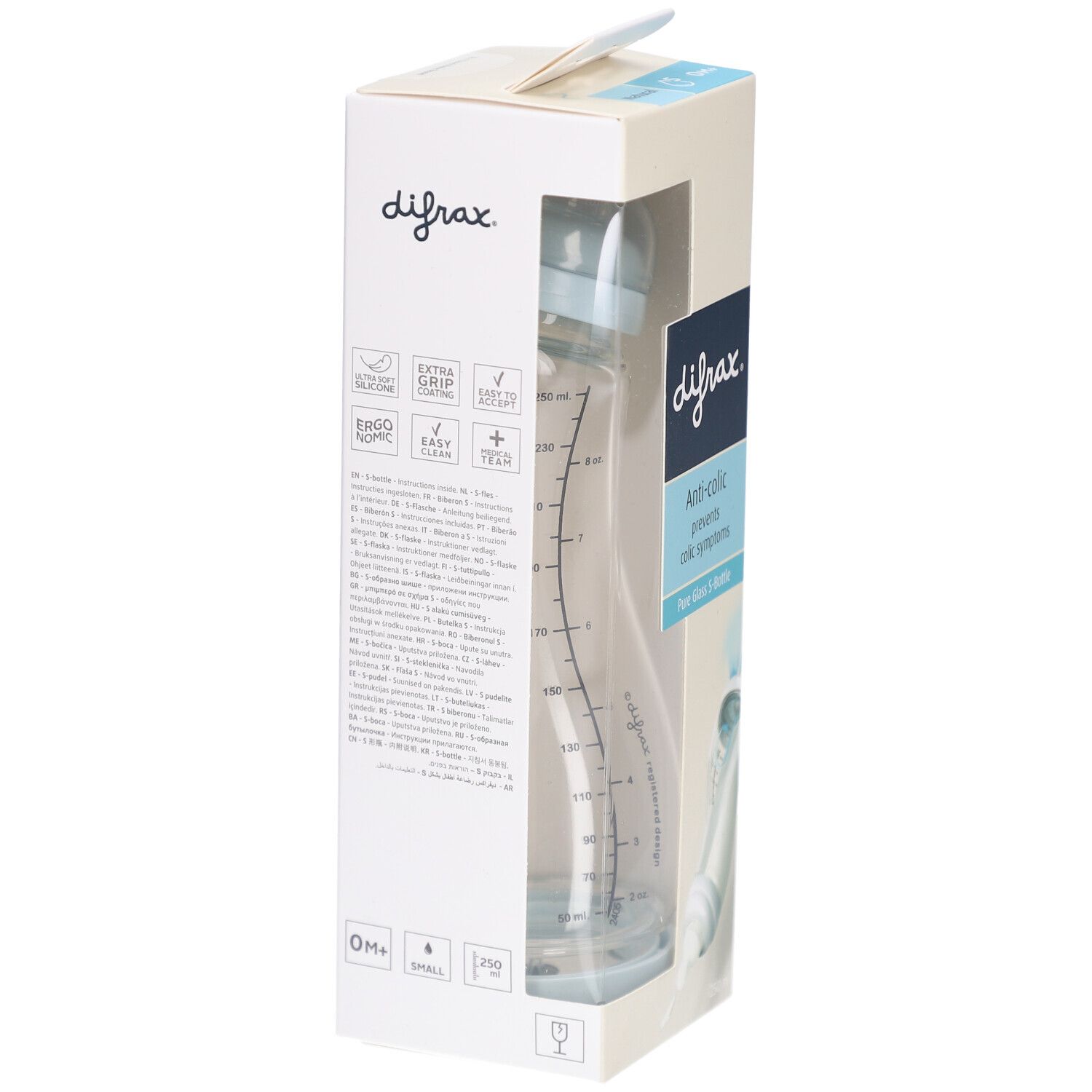 Verpakking met babyfles. Zichtbaar: glazen fles, blauwe elementen, merknaam Difrax, Anti-colic.