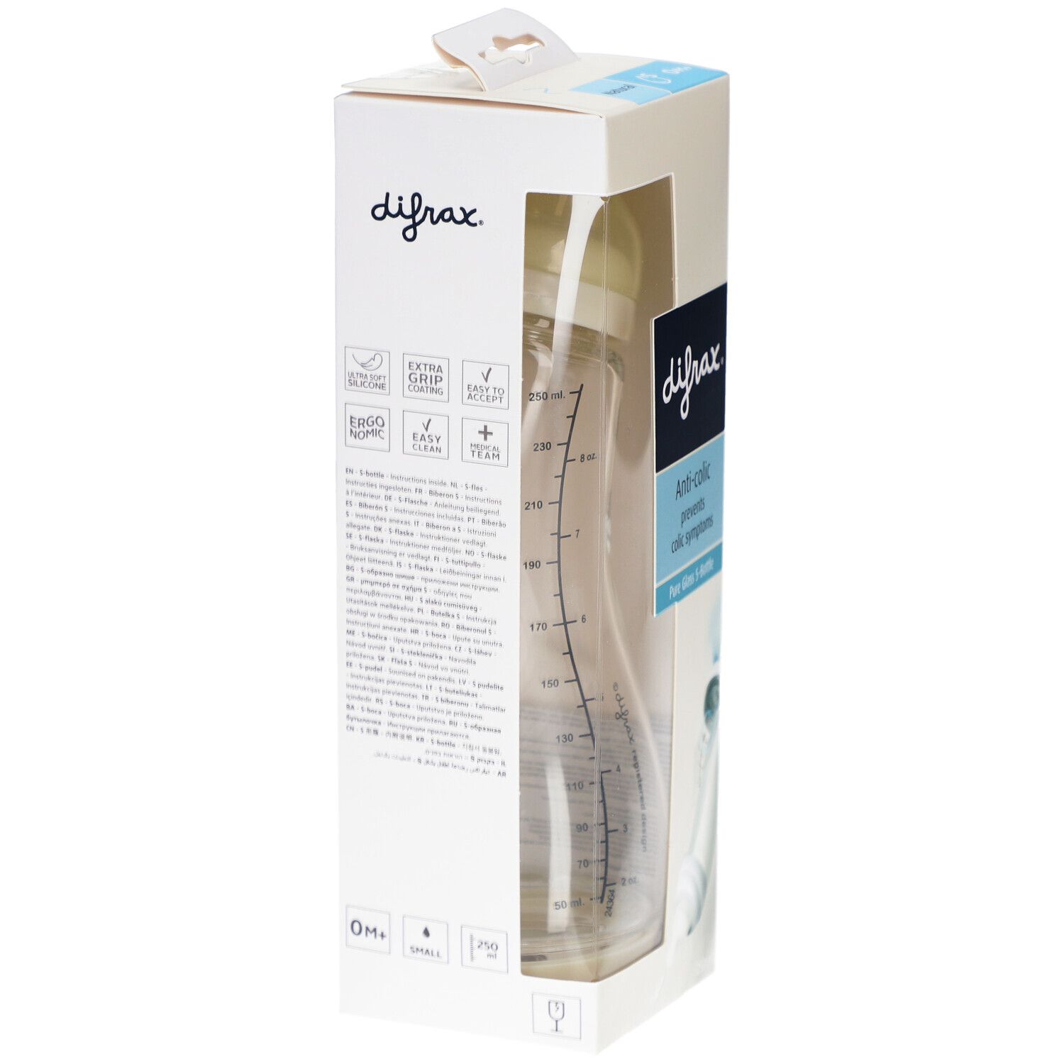 Biberon dans son emballage. Marque Difrax, anti-colique. Biberon en verre avec graduation. Boîte blanche avec informations.