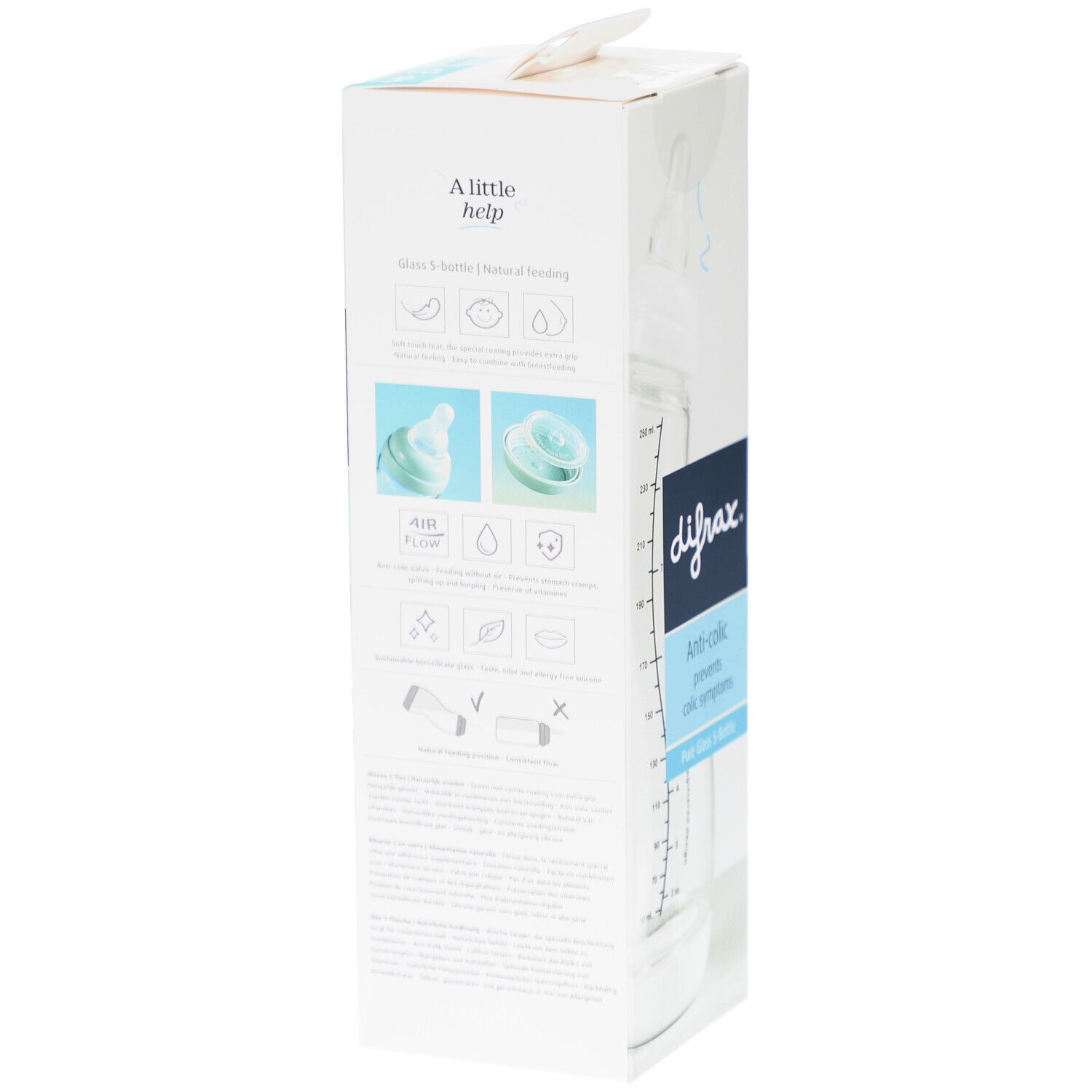 Emballage de biberon. Marque Difrax, anti-colique. Biberon en verre avec graduation. Boîte blanche avec informations.