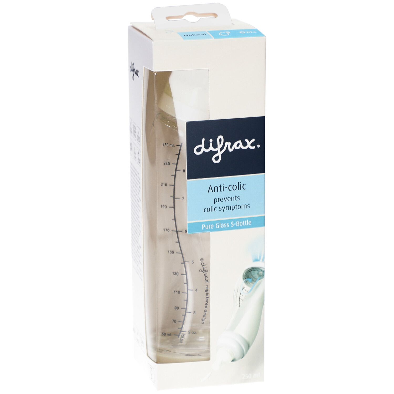 Biberon dans son emballage. Marque Difrax, anti-colique. Biberon en verre avec graduation. Boîte blanche avec informations.