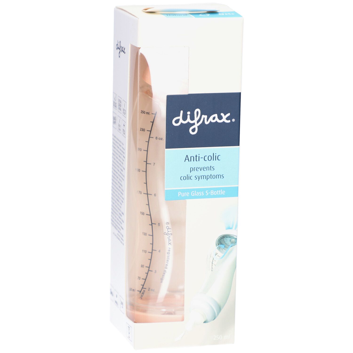 Emballage de biberon. Marque : difrax. Texte : Anti-colique, Pure Glass S-Bottle. Biberon en verre rose. Échelle graduée.