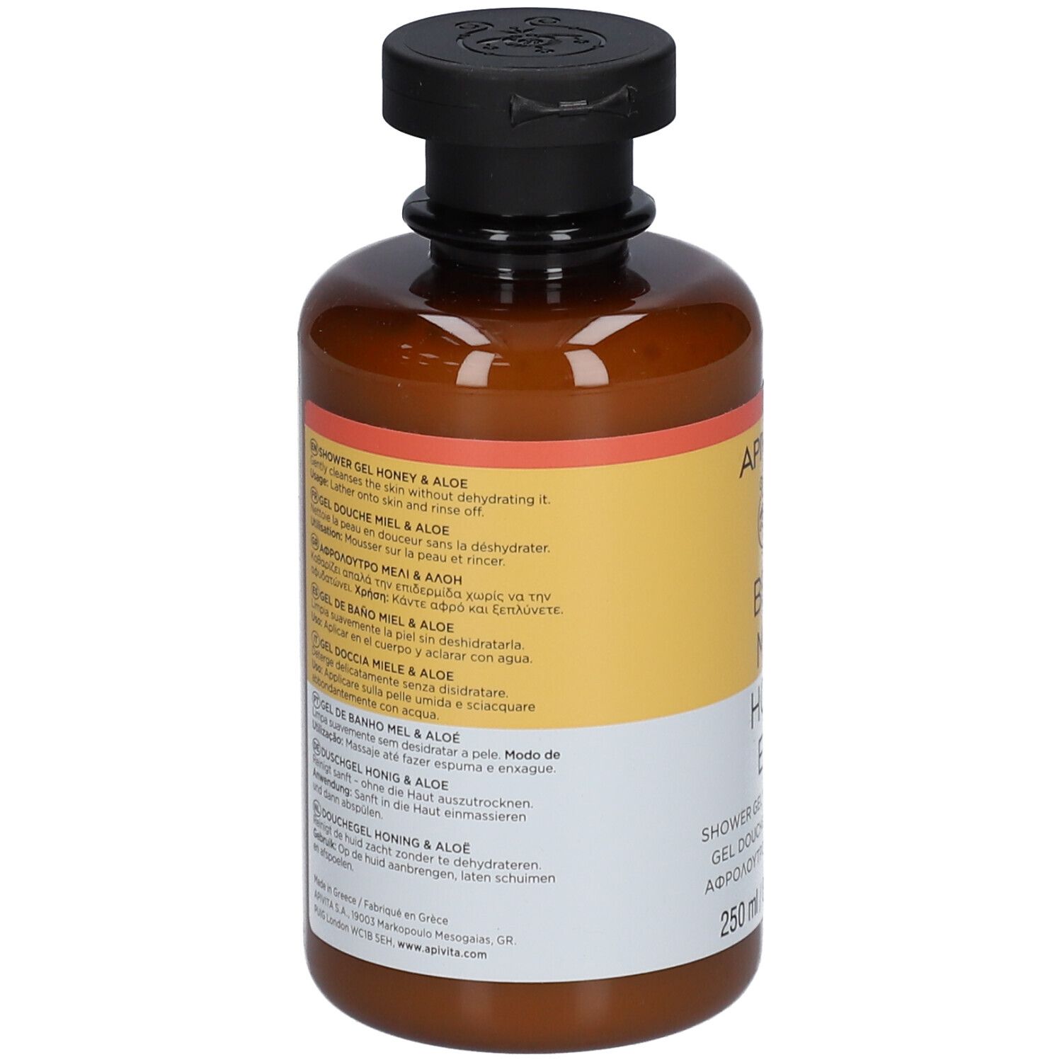 Bruine plastic fles met zwarte dop, 250ml douchegel honing & aloë.