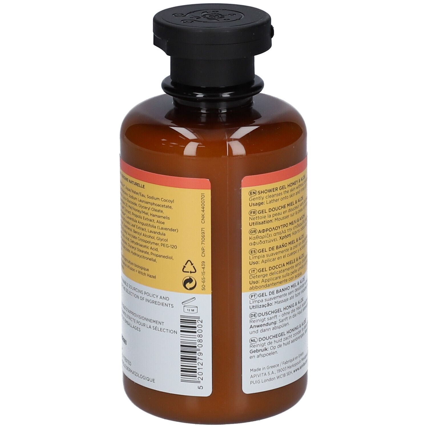 Bruine fles met zwarte klapdop, bevat douchegel met honing en amandel.