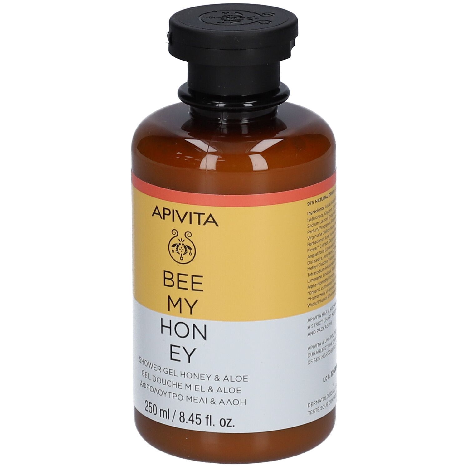 APIvITA Bee My Honey & Aloe Douchegel, 250 ml. Bruine fles met zwarte dop.