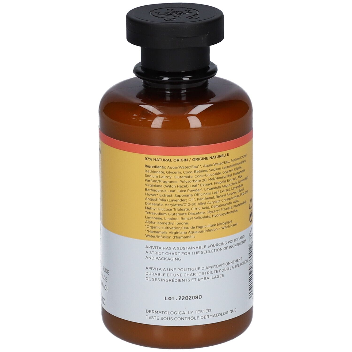 Bruine fles met zwarte dop, etiket met ingrediënten en aanwijzingen.