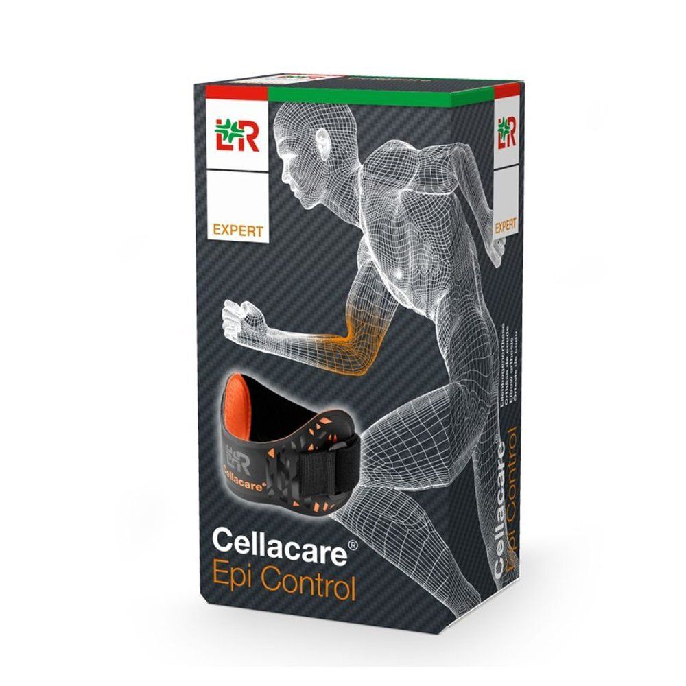 Productverpakking met elleboogbrace. Op de verpakking zijn een menselijk skelet en de tekst Cellacare Epi Control te zien.