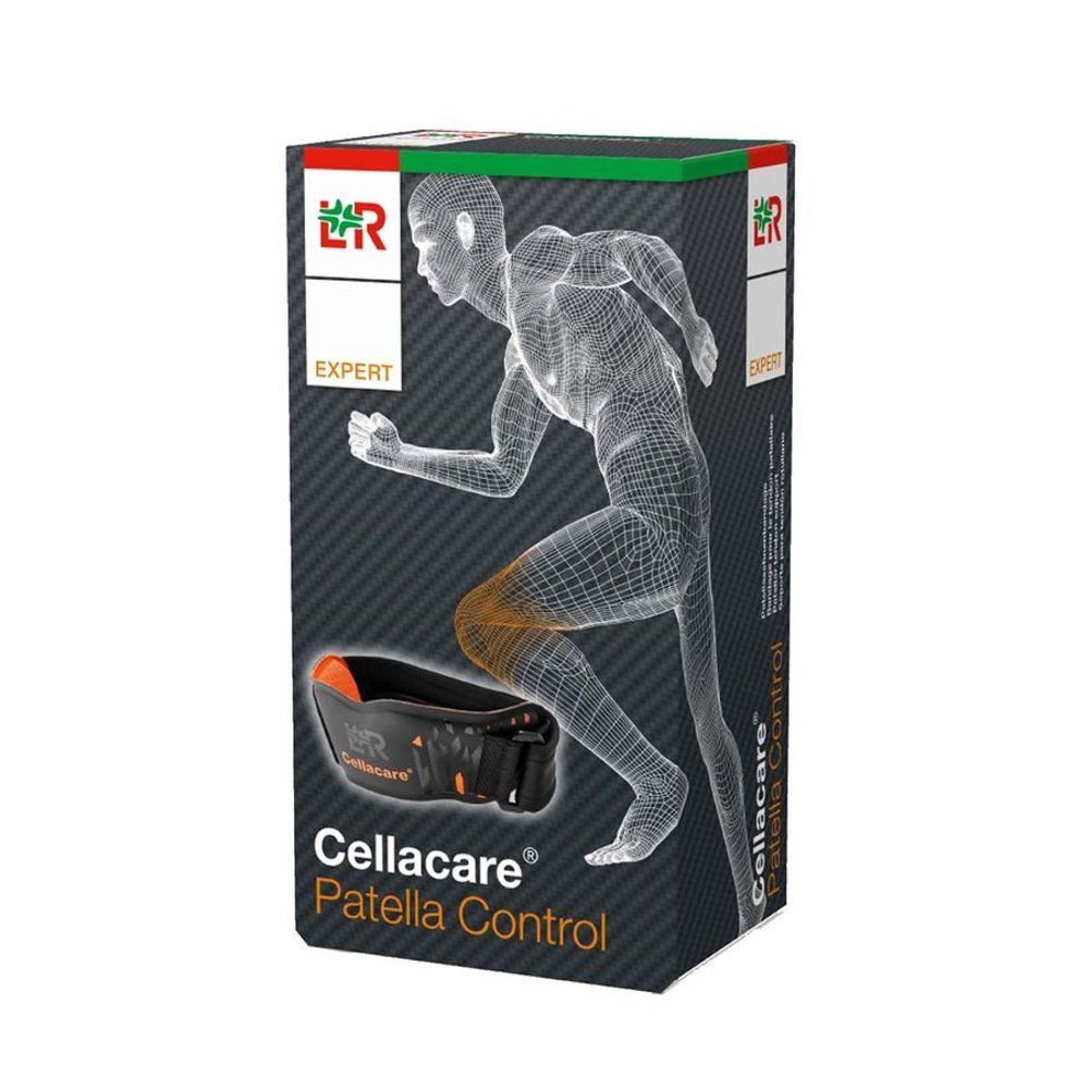 Verpakking van Cellacare Patella Control. Afbeelding van een hardloper en productafbeelding.