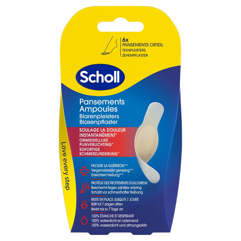 Emballage Scholl avec 6 pansements pour orteils. Bleu et jaune. Nom du produit et pansement illustrés.