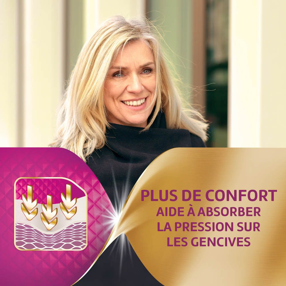 Femme souriante. Prothèse avec Corega. Plus de confort. Texte.