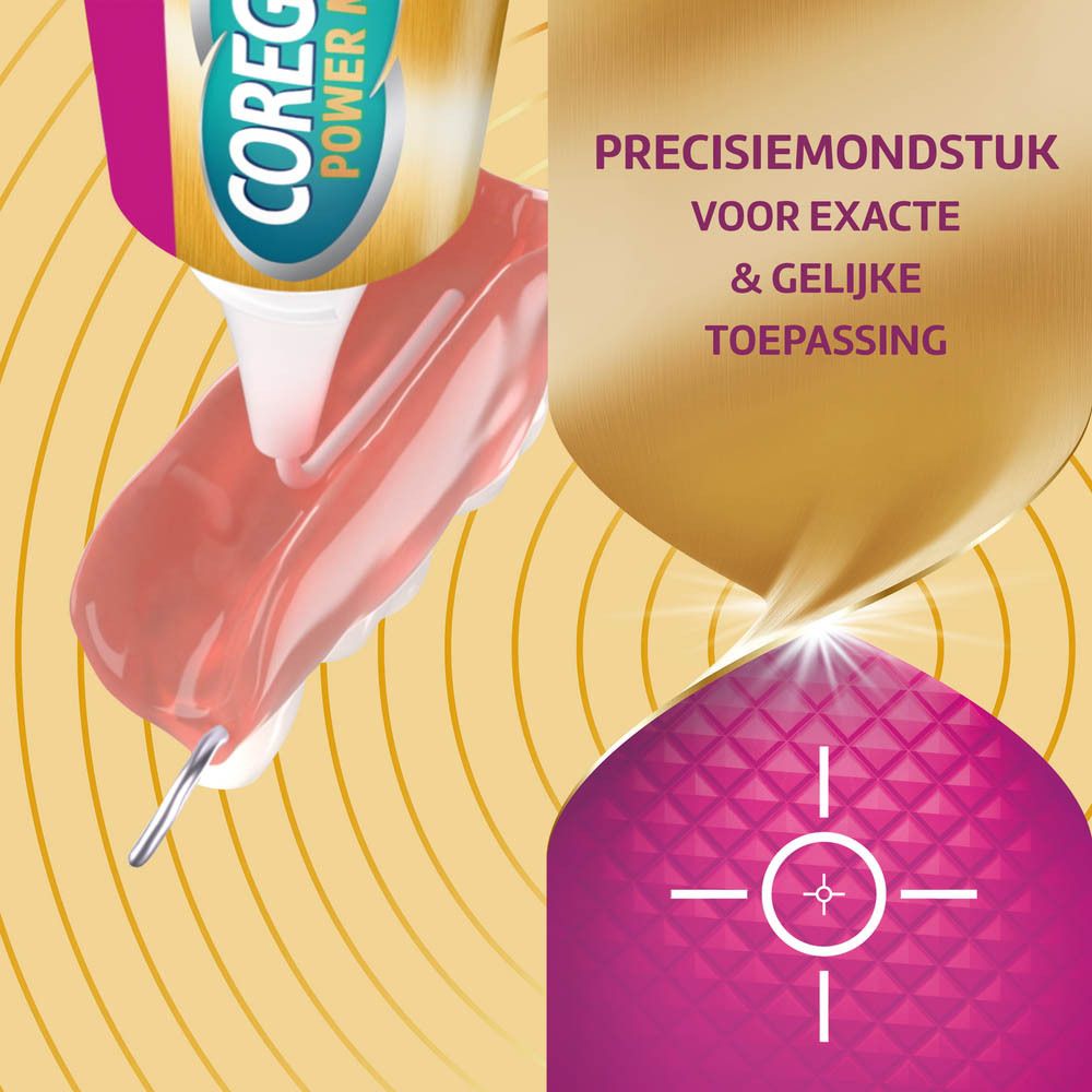 Corega crème op prothese. Precisie mondstuk. Tekst.