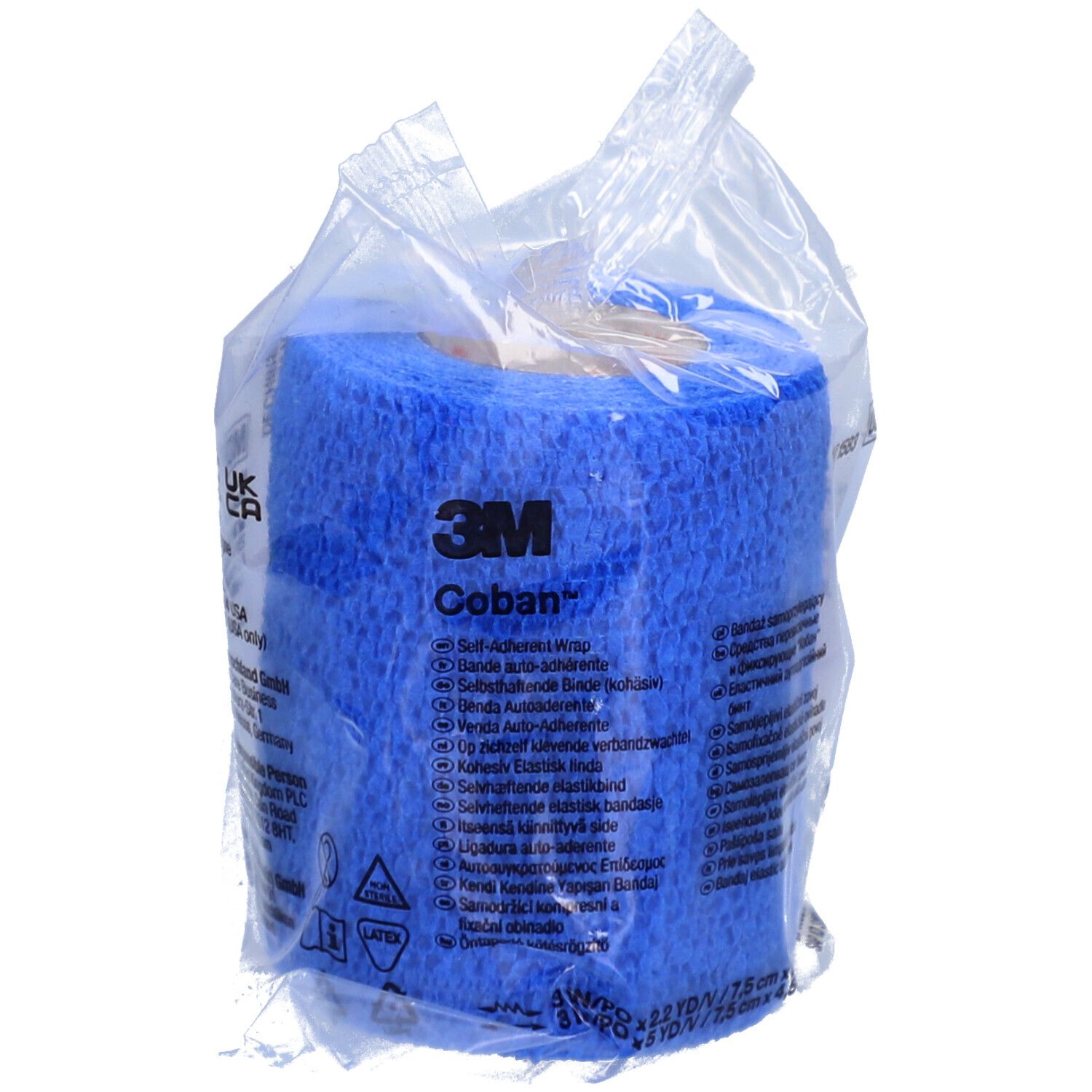 Bande 3M Coban bleue dans emballage transparent. Inscription : Bande auto-adhésive. Rouleau de 7,5 cm x 4,5 m.