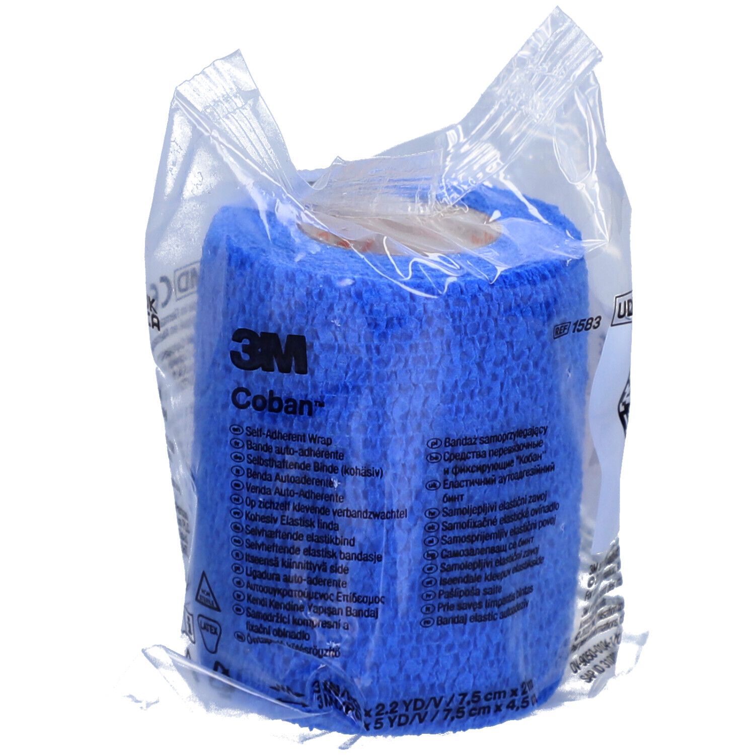 Bande 3M Coban bleue dans emballage transparent. Inscription : Bande auto-adhésive. Rouleau de 7,5 cm x 4,5 m.