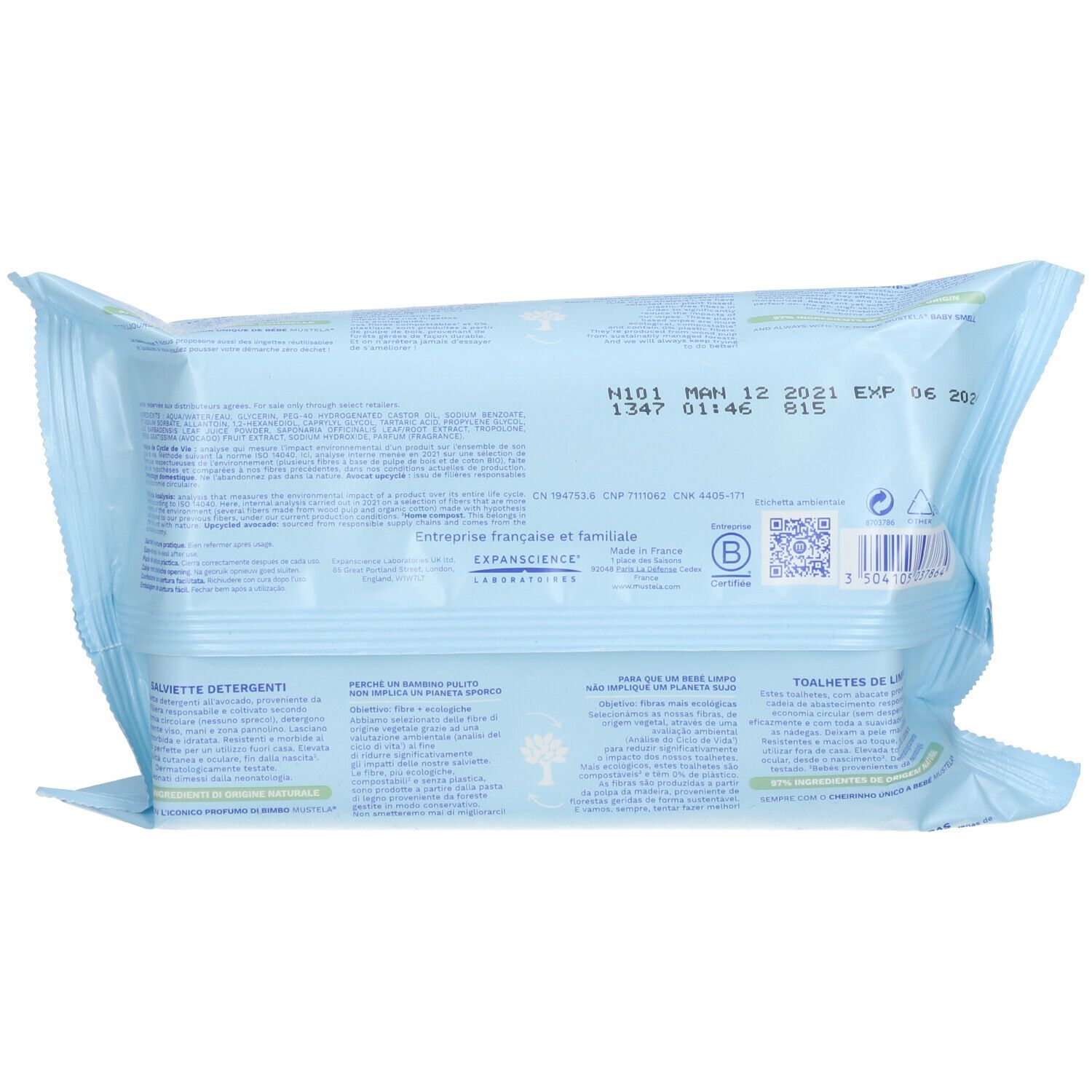 Emballage bleu clair avec texte. Impression: MAN 12 2021 EXP 06 2021. Code QR et logo.