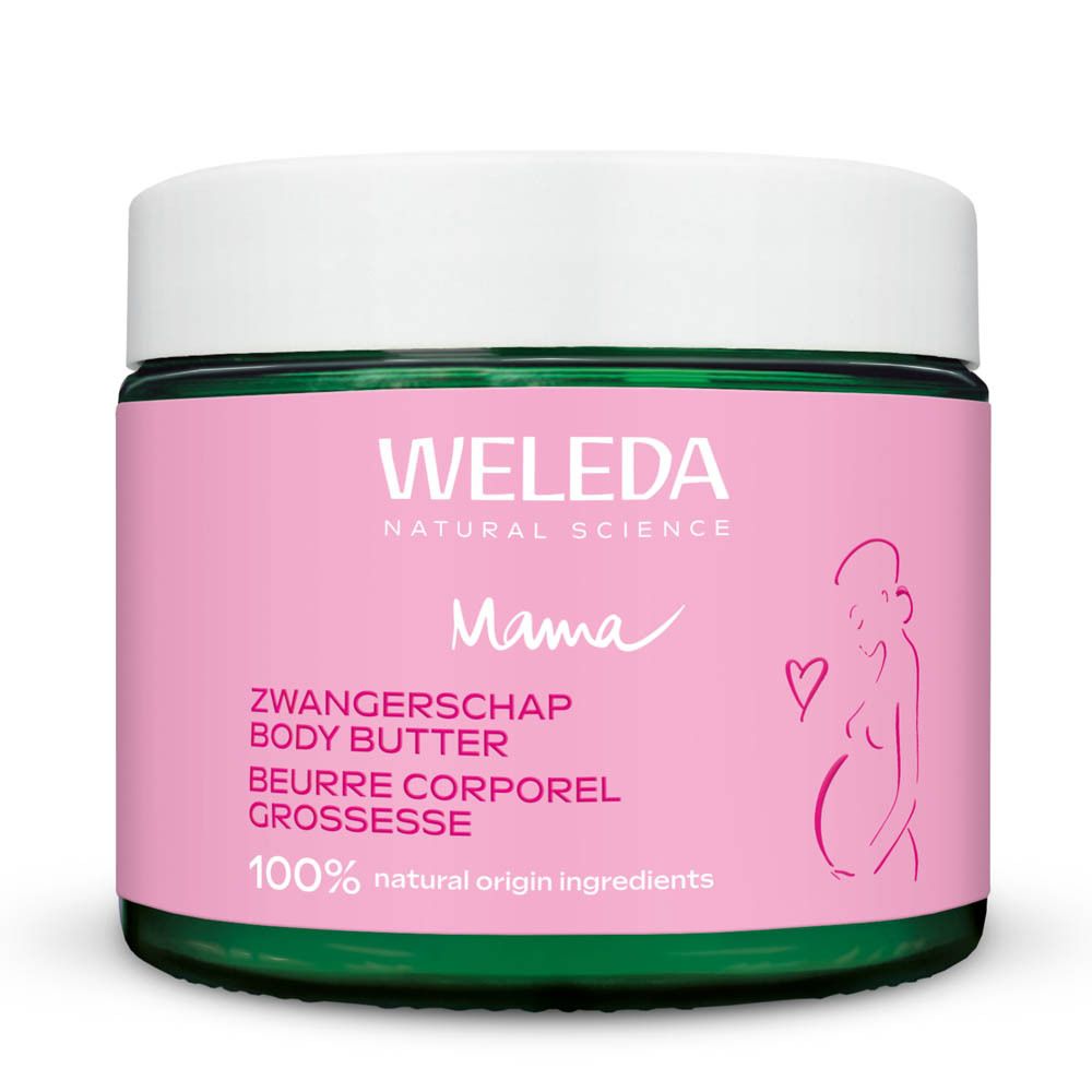 Weleda Mama Zwangerschap Body Butter in een groene pot met roze etiket en een zwangere vrouw.