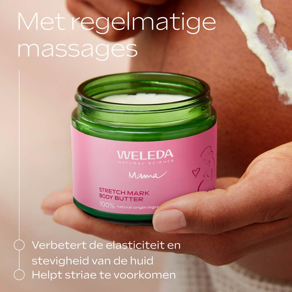Weleda Mama Body Butter in een groene glazen pot met roze etiket.