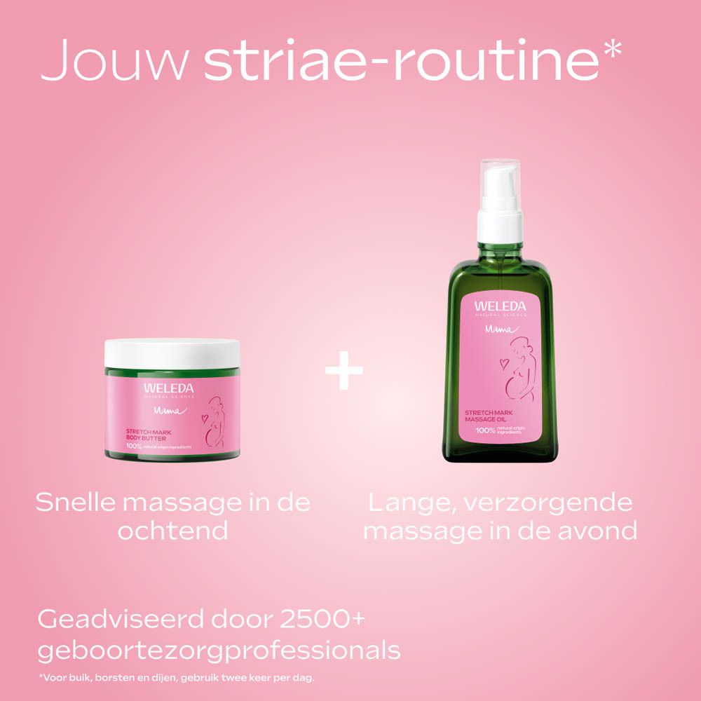 Close-up van de buik van een zwangere vrouw met tekst over striae-vermindering.