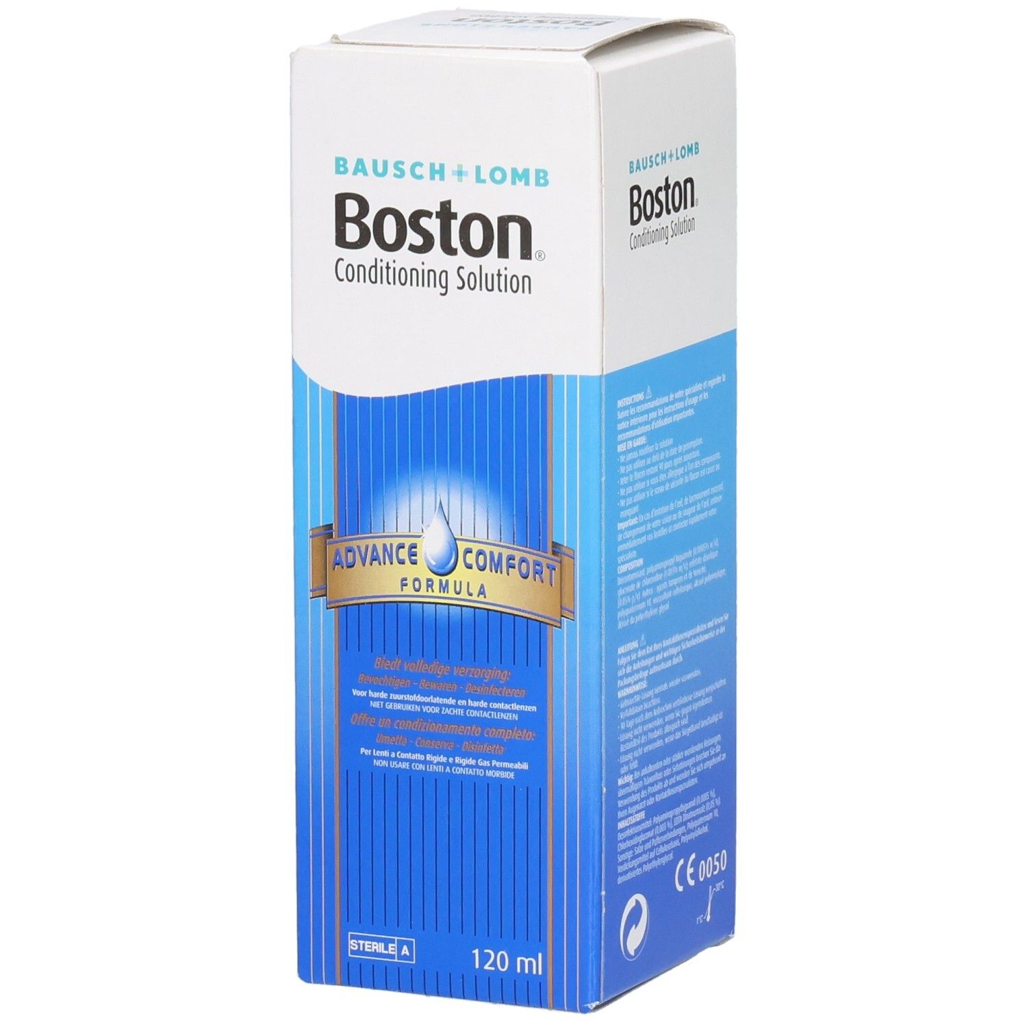 Verpakking van Boston Conditioning Solution. Wit en blauw, met productnaam en logo. Bevat 120 ml.
