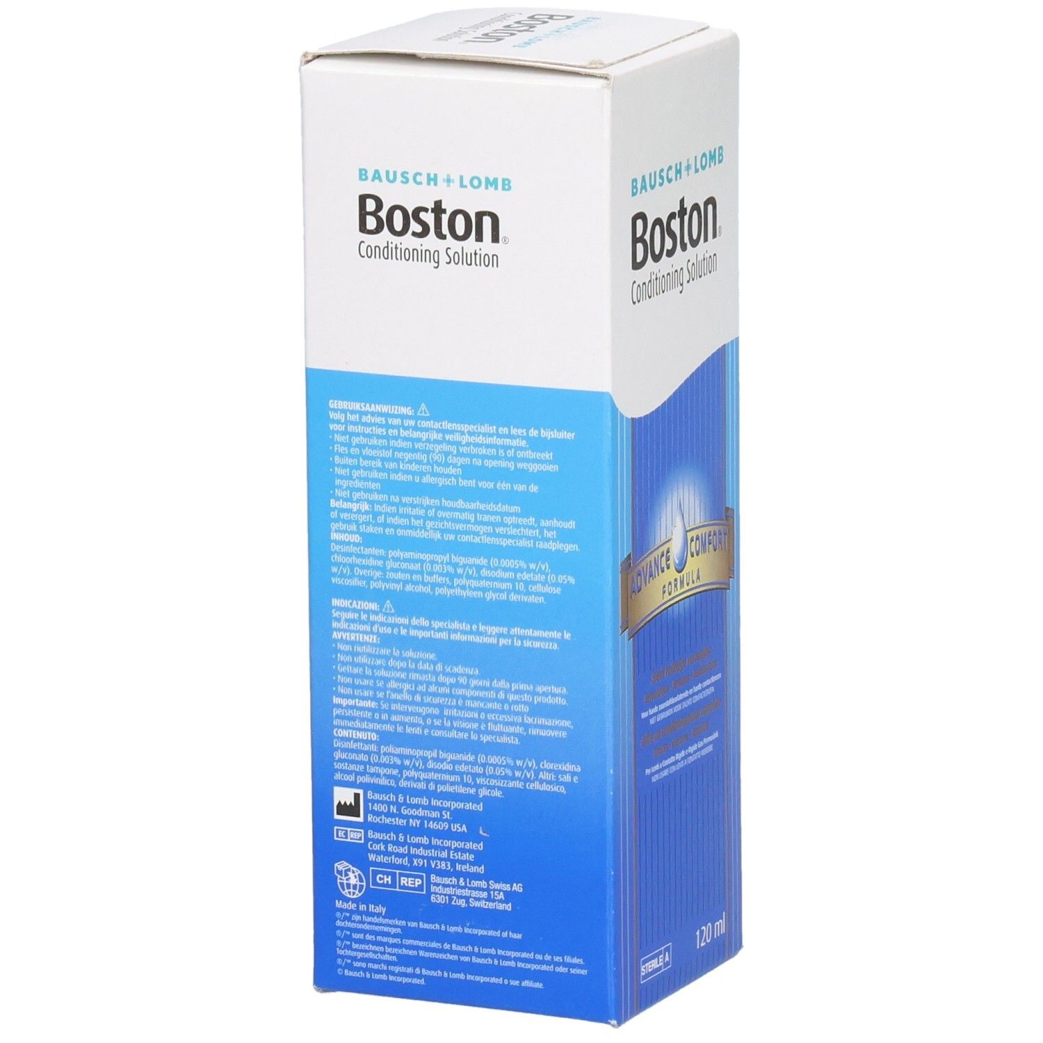 Zijaanzicht van de verpakking van Boston Conditioning Solution. Wit en blauw, met productnaam en tekst. Bevat 120 ml.