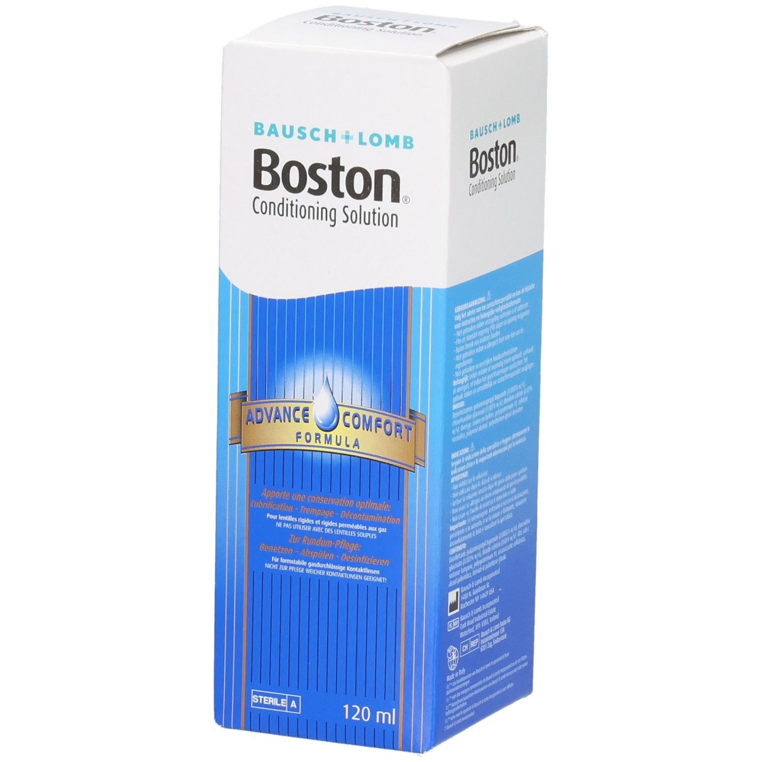 Verpakking van Boston Conditioning Solution. Wit en blauw, met productnaam en logo. Bevat 120 ml.