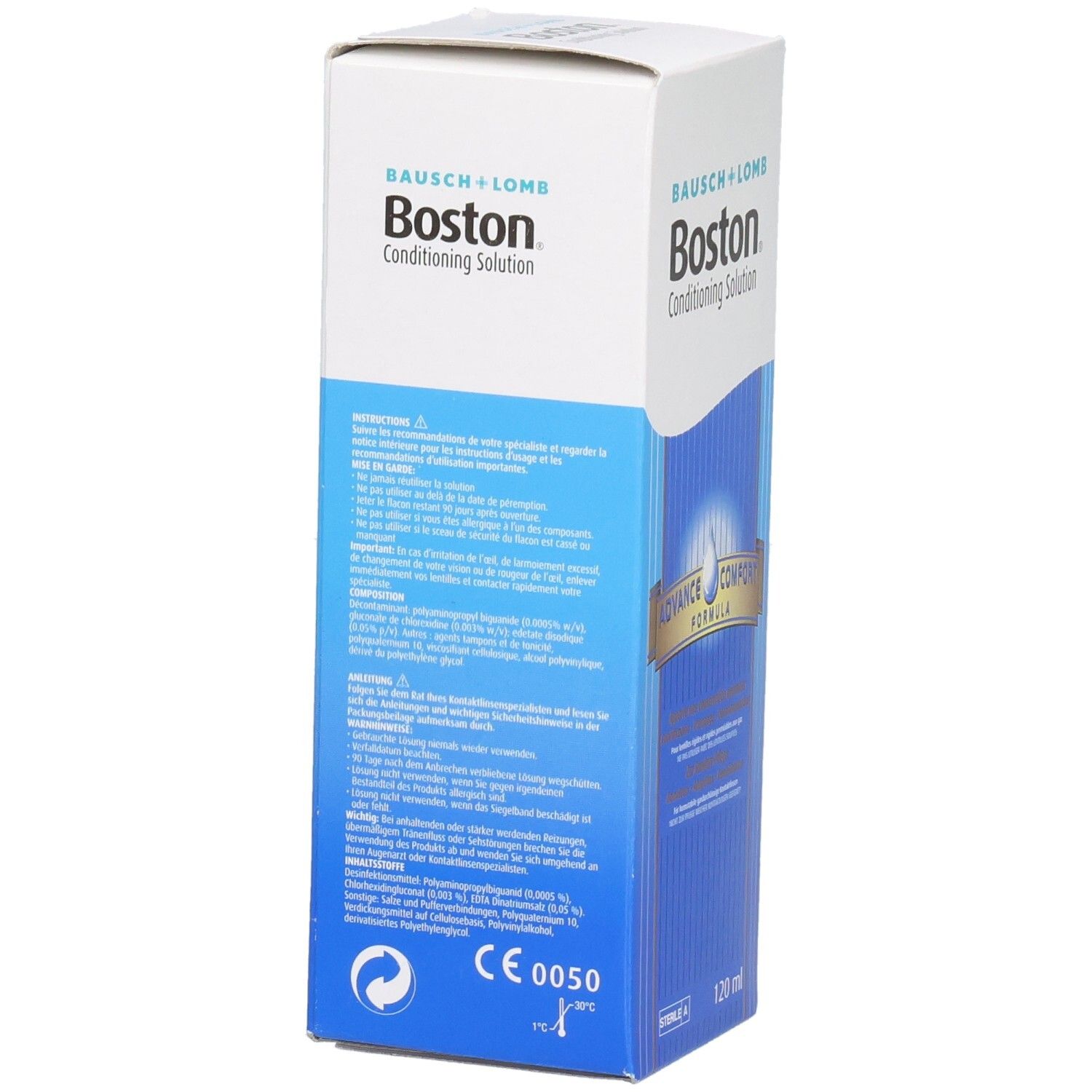 Zijaanzicht van de verpakking van Boston Conditioning Solution. Wit en blauw, met productnaam en tekst. Bevat 120 ml.