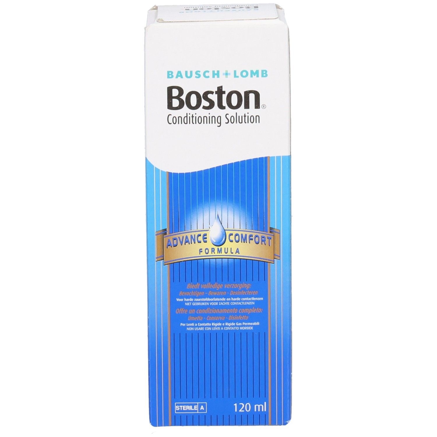 Verpakking van Boston Conditioning Solution. Wit en blauw, met productnaam en logo. Bevat 120 ml.
