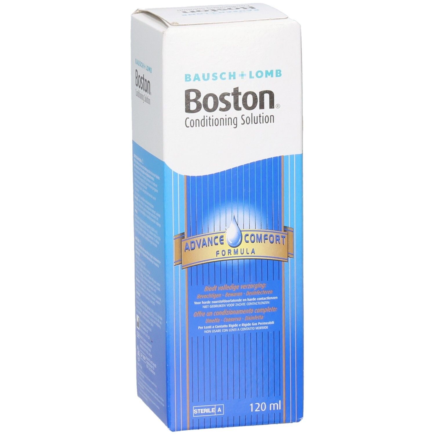 Verpakking van Boston Conditioning Solution. Wit en blauw, met productnaam en logo. Bevat 120 ml.