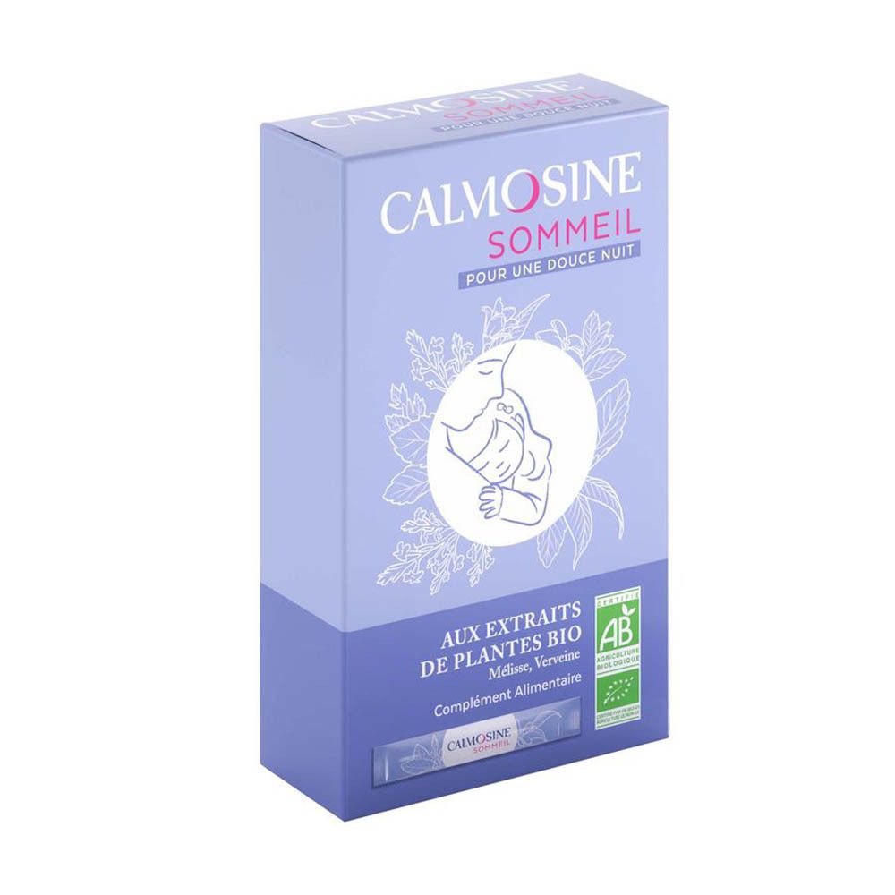 Doos CALMOSINE SOMMEIL. Logo, tekst, bio-certificering, illustratie, 1 zakje zichtbaar.