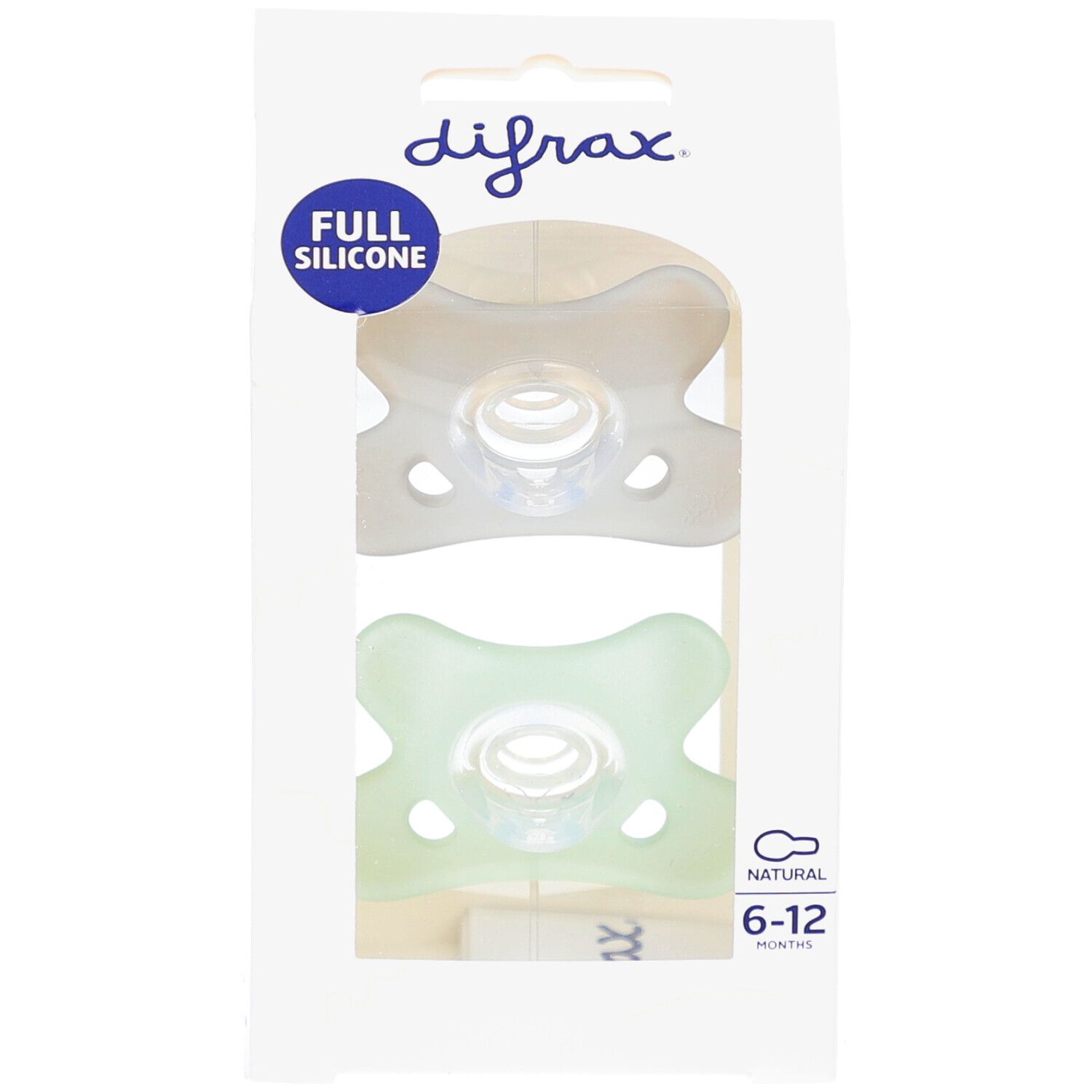 Emballage de deux sucettes. Deux sucettes sont visibles. Inscriptions : "FULL SILICONE" et "6-12 MONTHS".