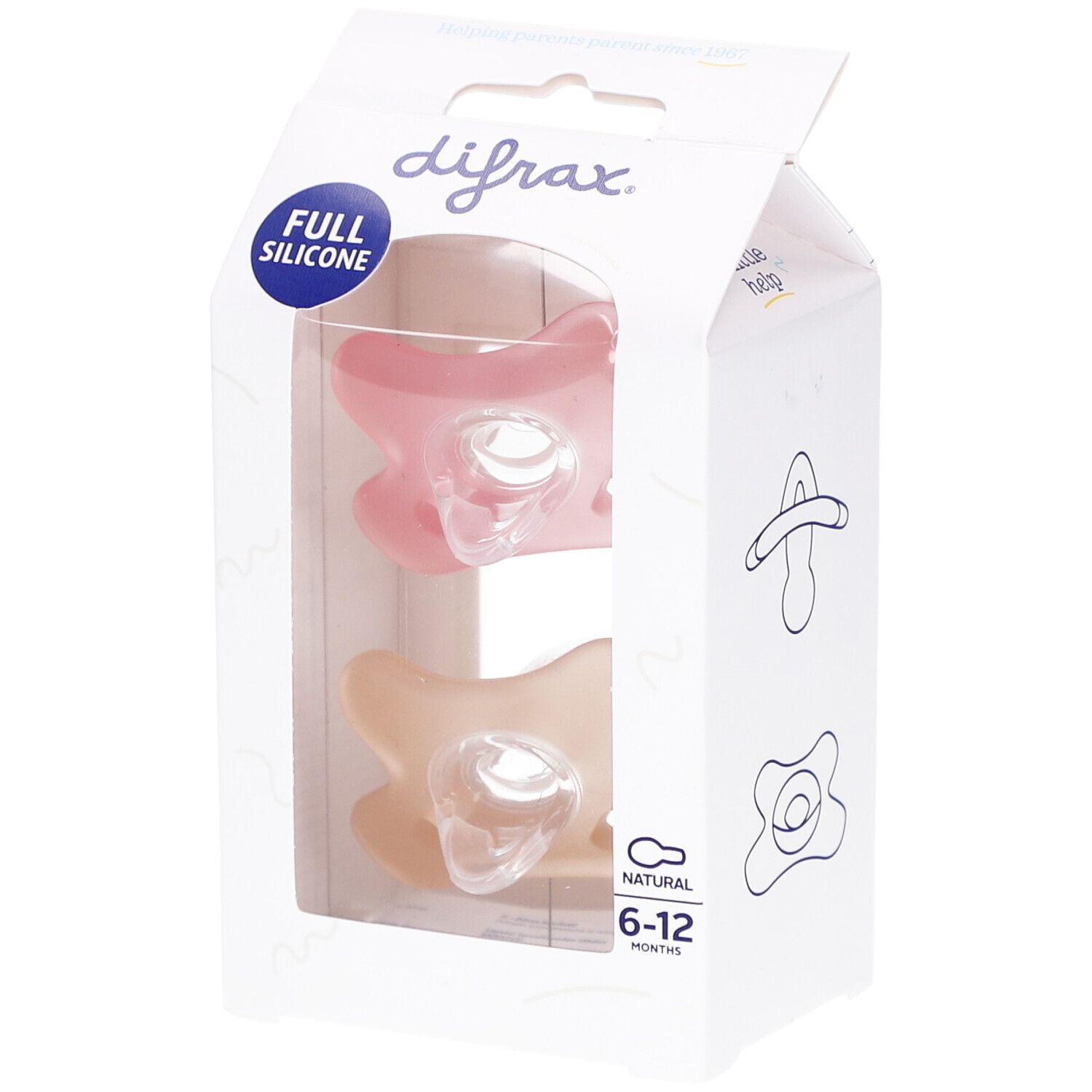 Emballage de deux sucettes en silicone. Rose et beige. Fenêtre transparente. Marque Difrax.