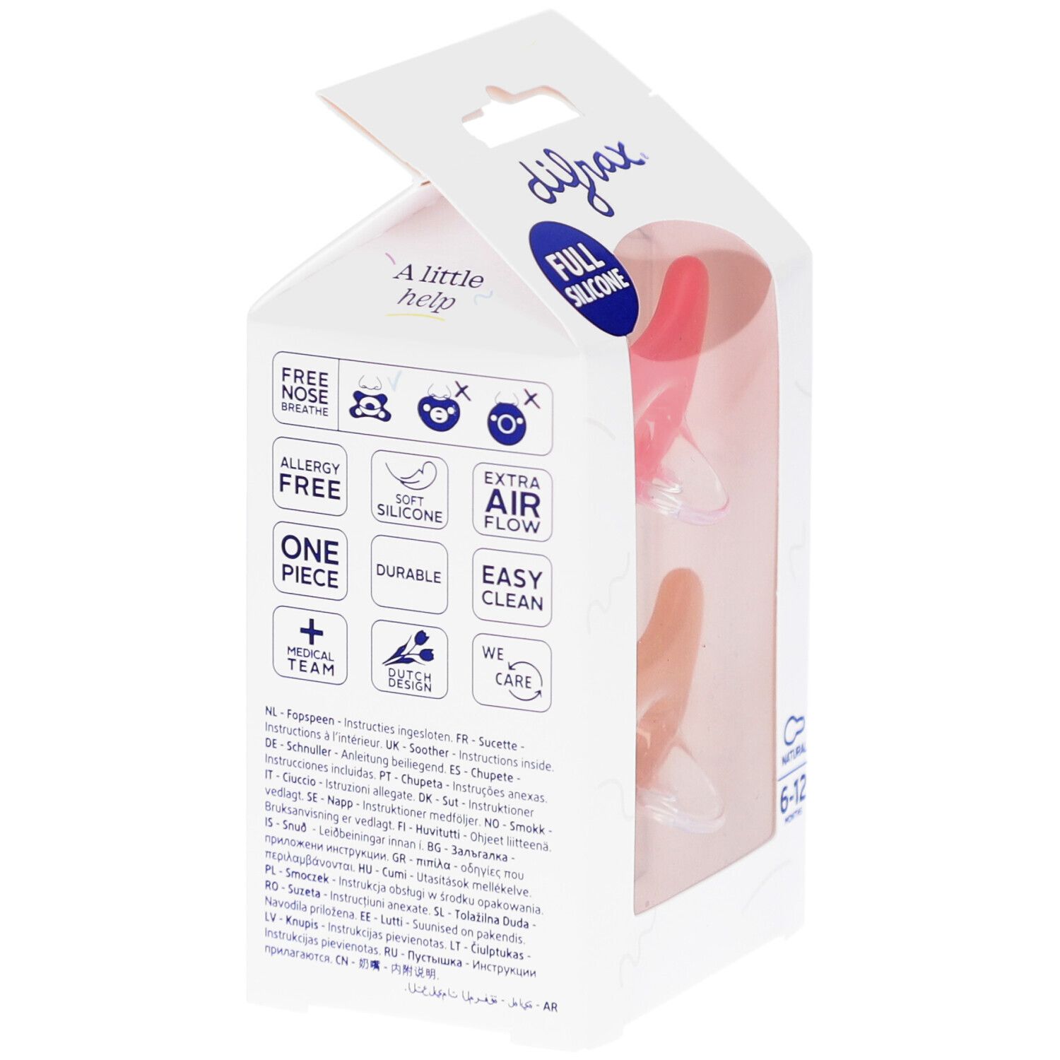 Emballage de deux sucettes. Rose et beige. Texte: Full Silicone, Allergy Free, Extra Air Flow. Marque Difrax.
