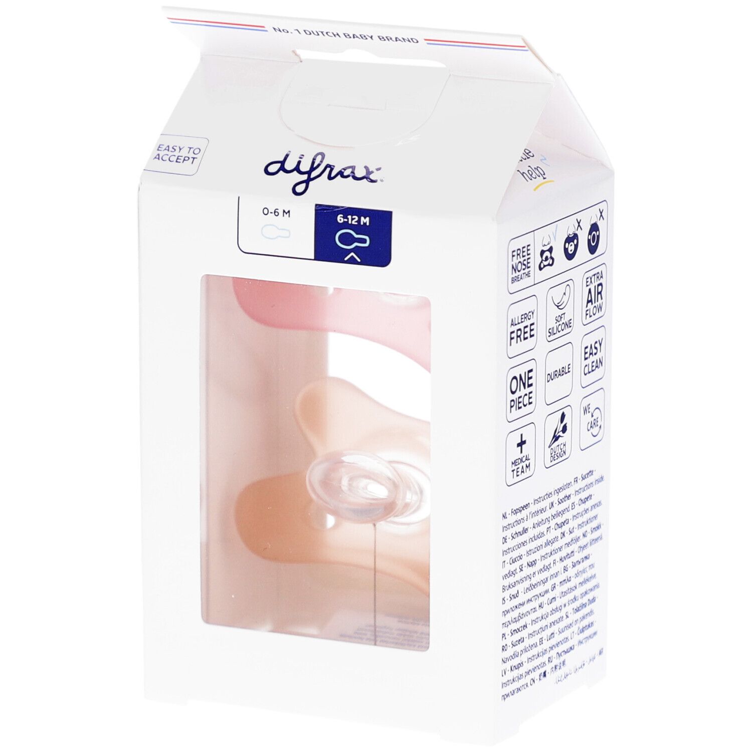 Emballage avec sucette. Rose et beige. Texte: 0-6M, 6-12M. Marque Difrax.