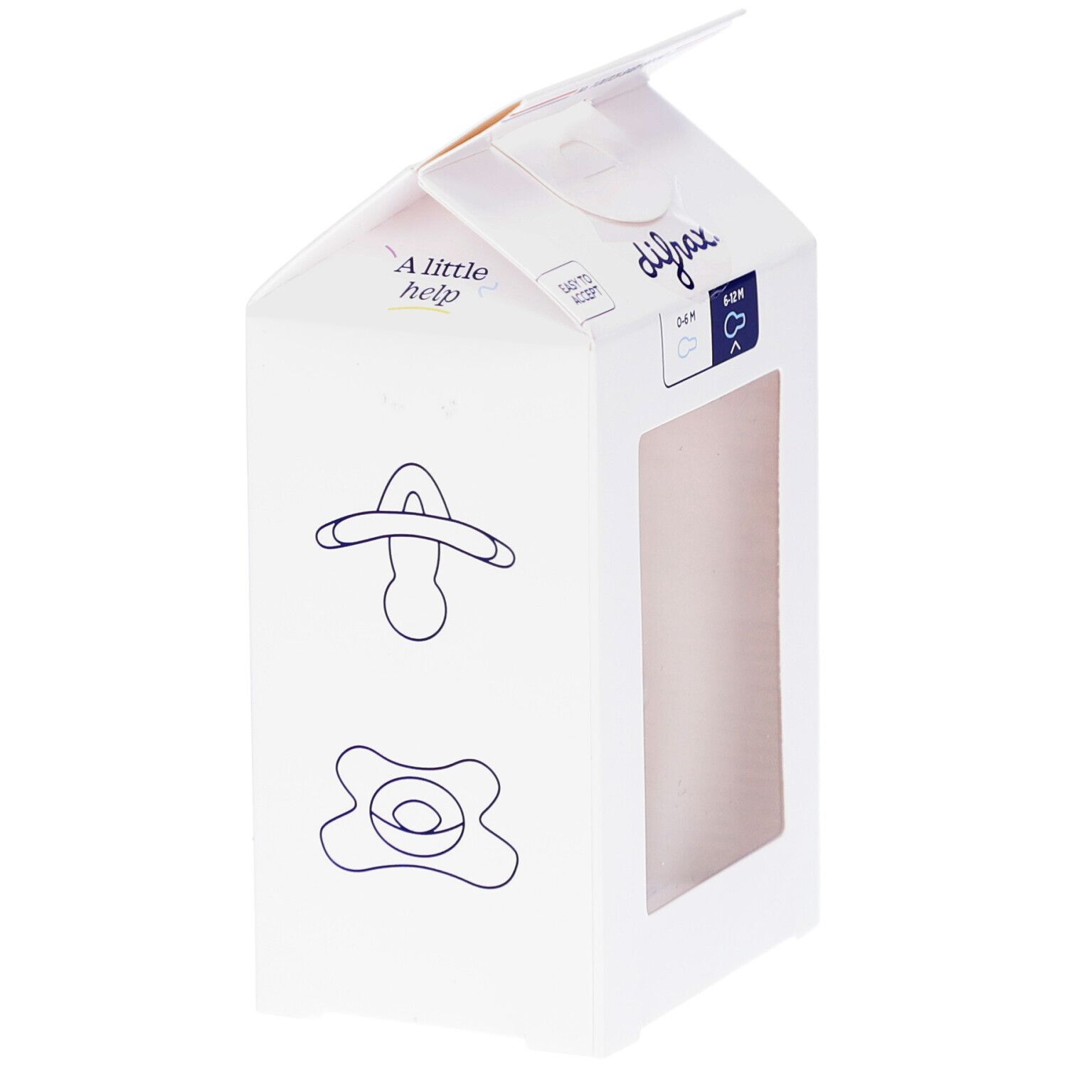 Emballage blanc avec dessins de sucettes. Marque Difrax.