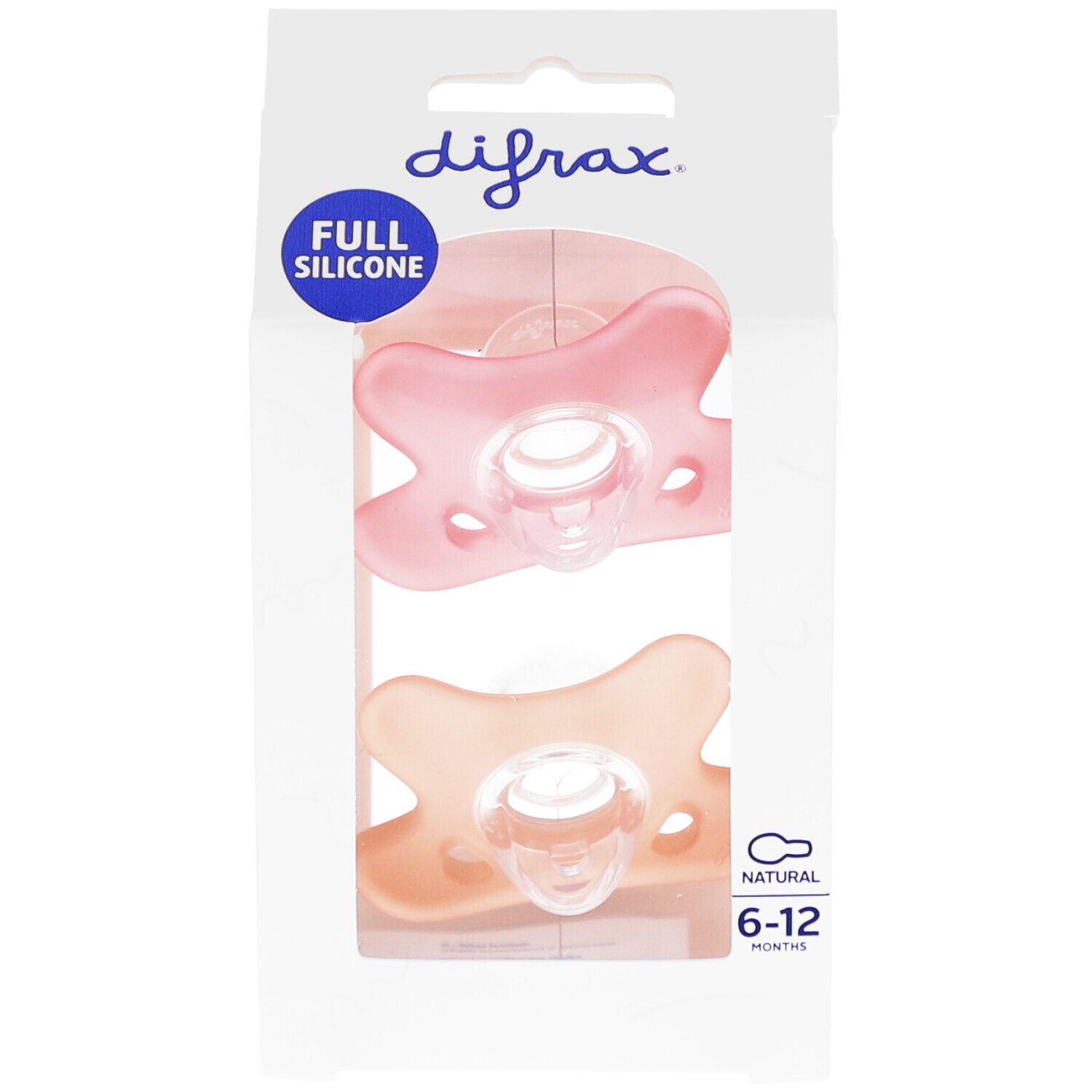 Deux sucettes dans un emballage blister. Rose et beige. Marque Difrax. Texte: 6-12 mois.