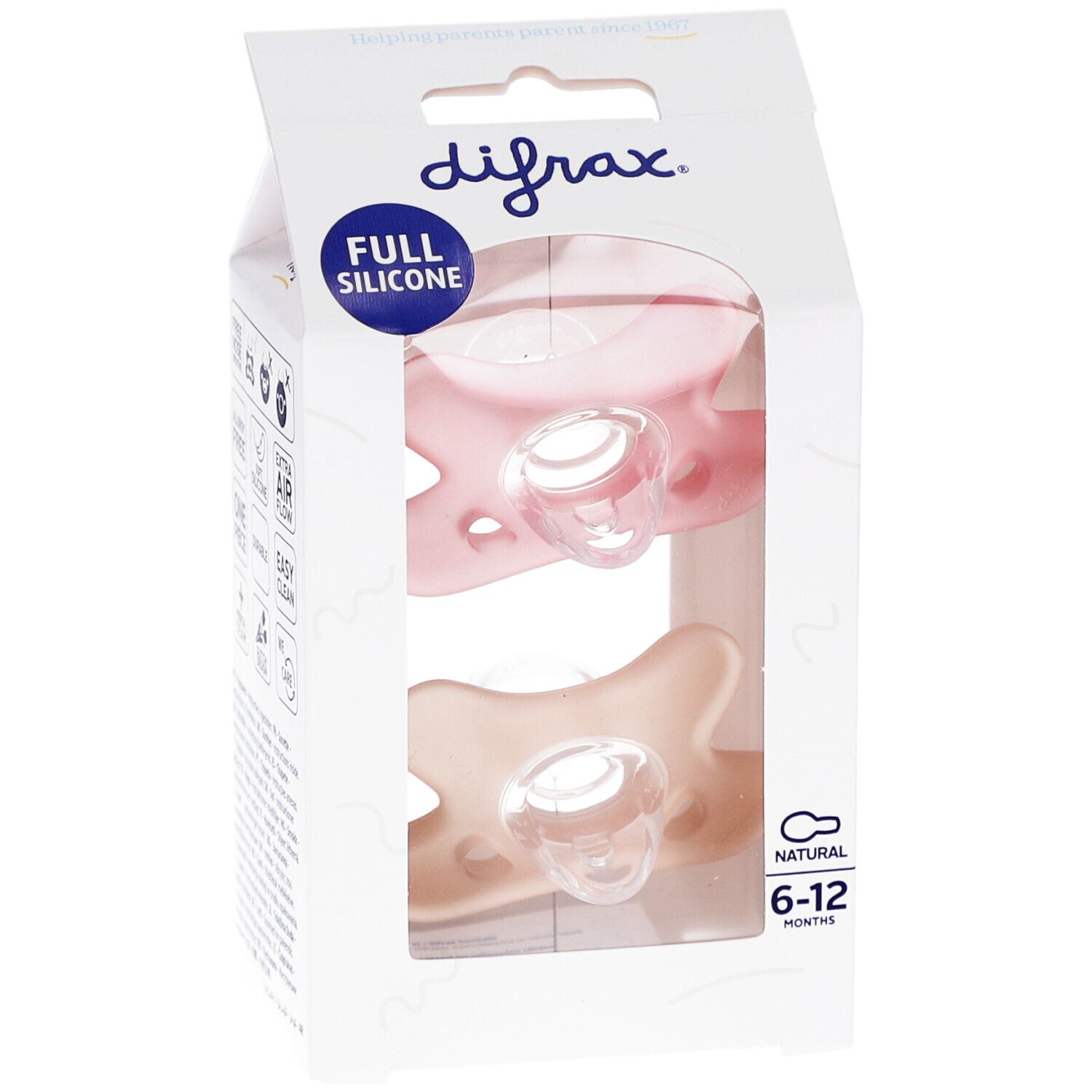 Emballage de deux sucettes. Rose et beige. Texte: Full Silicone, 6-12 mois. Marque Difrax.