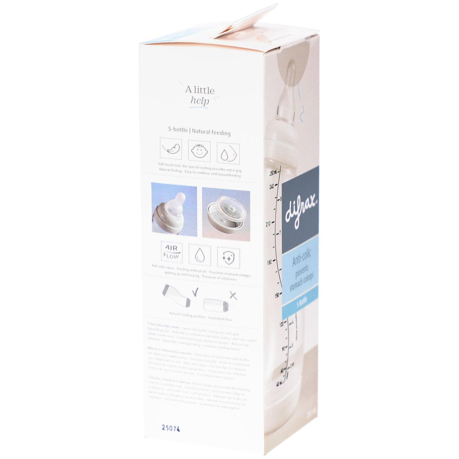 Dos de l'emballage de biberon Difrax. Anti-colique. Illustrations du fonctionnement du biberon.