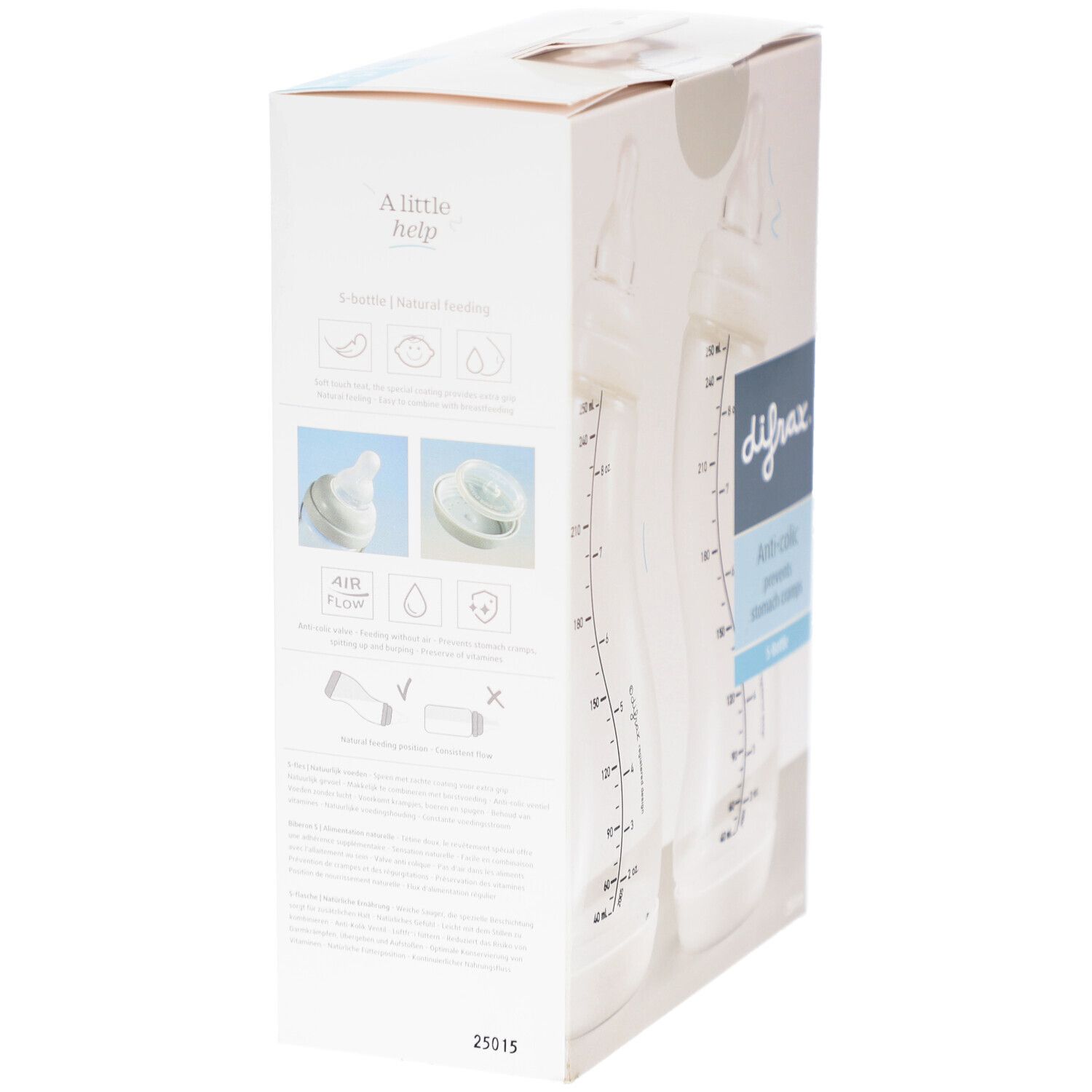 Vue latérale de l'emballage avec deux biberons. Inscription : difrax. Anti-colic. Biberons avec échelle de mesure.