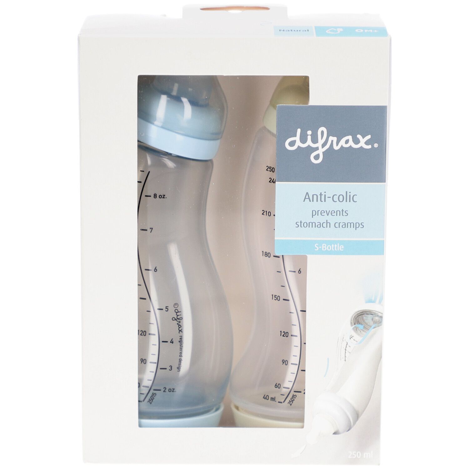 Emballage avec deux biberons. Biberons bleus et transparents avec échelle de mesure. Inscription : difrax. Anti-colic.