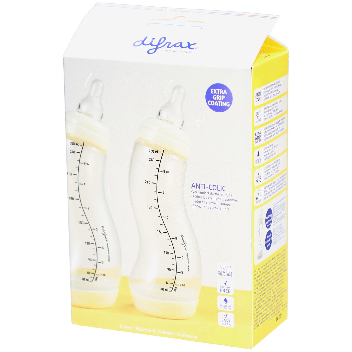 Verpakking met twee Difrax S-Fles anti-koliek flessen. Flessen met schaalverdeling. Gele verpakking. Difrax merk.