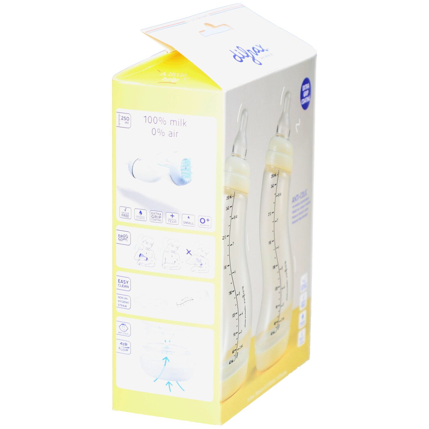 Zijkant van de verpakking met productinformatie. Difrax S-Fles anti-koliek flessen. Gele verpakking. Difrax merk.