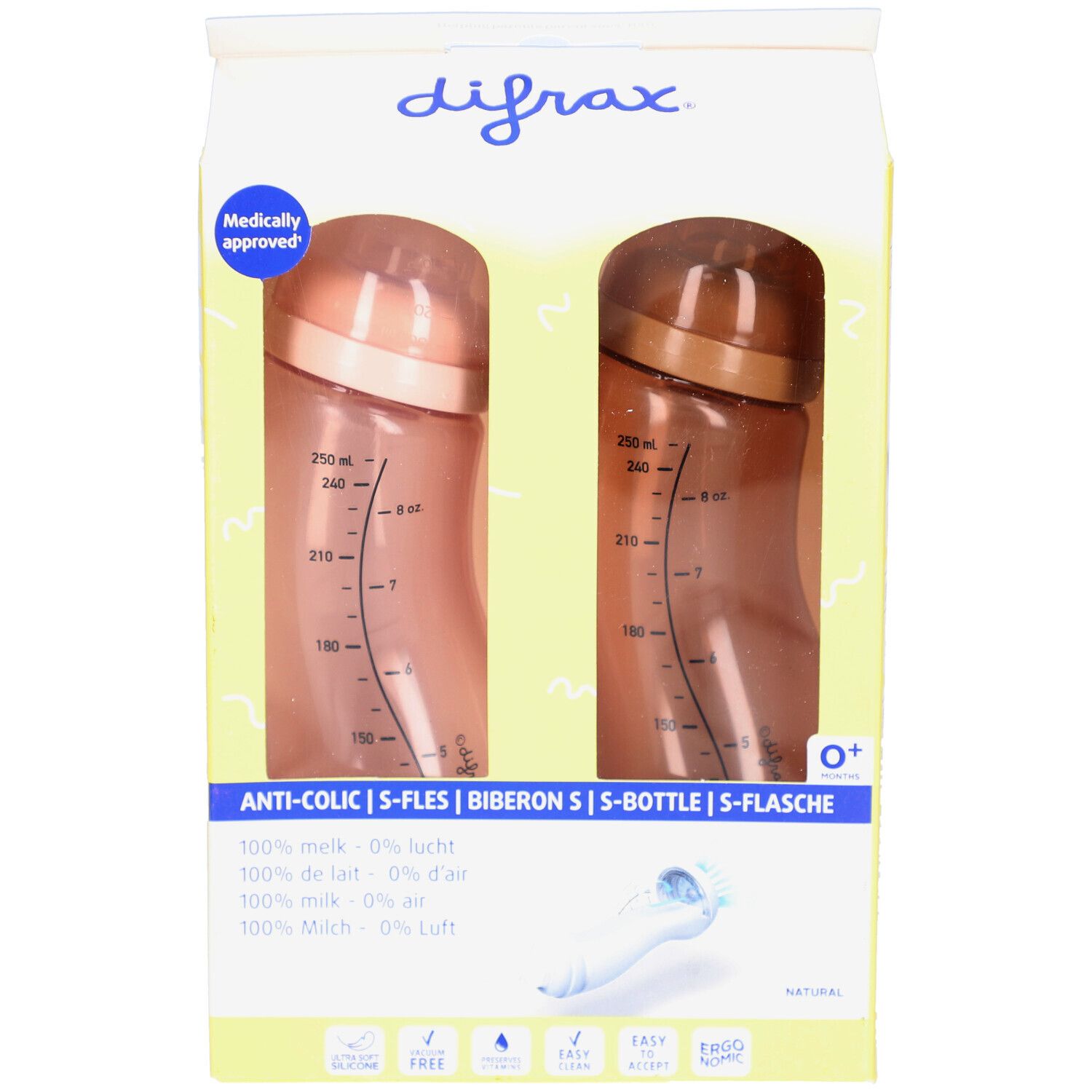 Verpakking met twee Difrax S-Fles anti-koliek flessen. Roze en bruine flessen met schaalverdeling. Difrax merk zichtbaar.