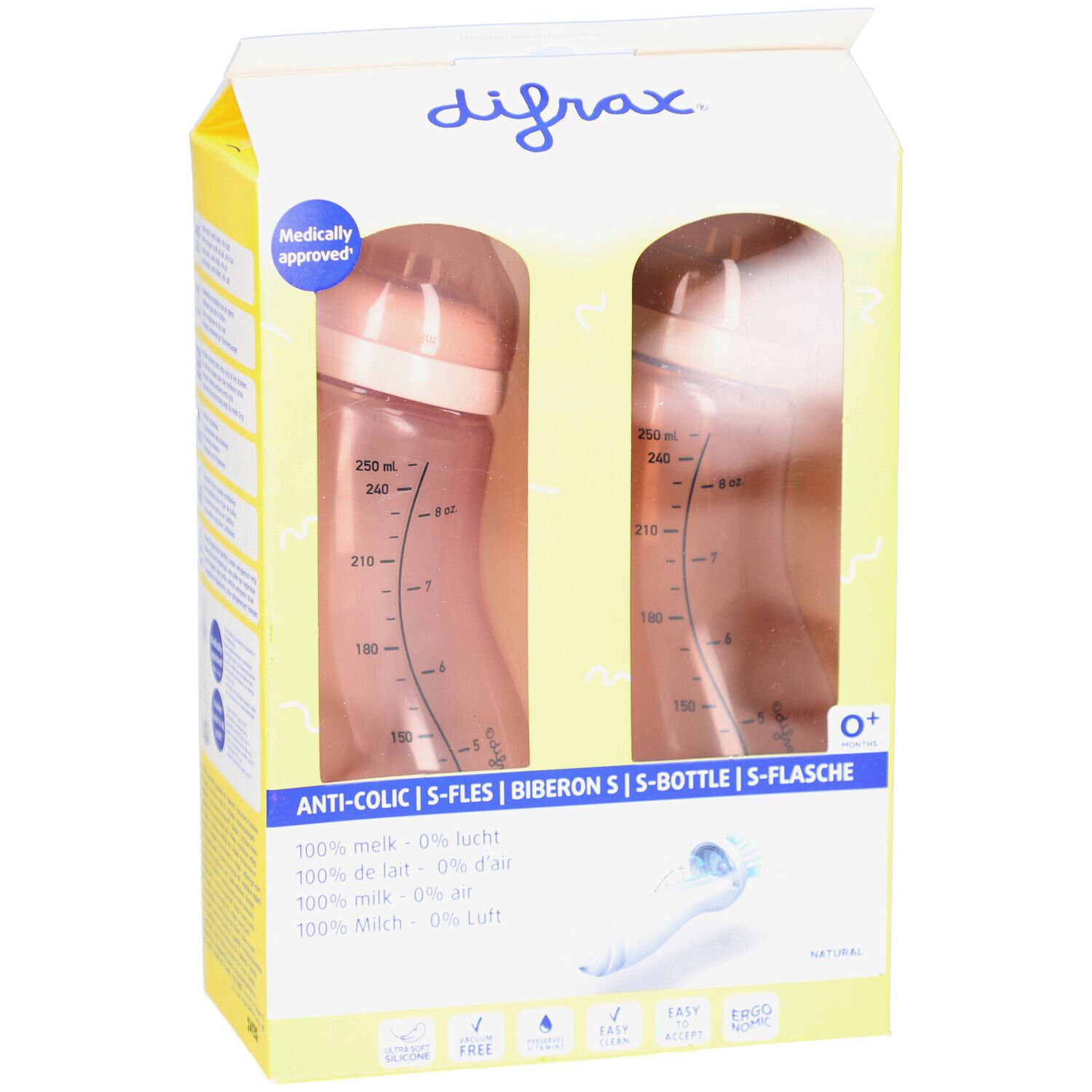 Verpakking met twee Difrax S-Fles anti-koliek flessen. Flessen met schaalverdeling. Gele verpakking. Difrax merk.