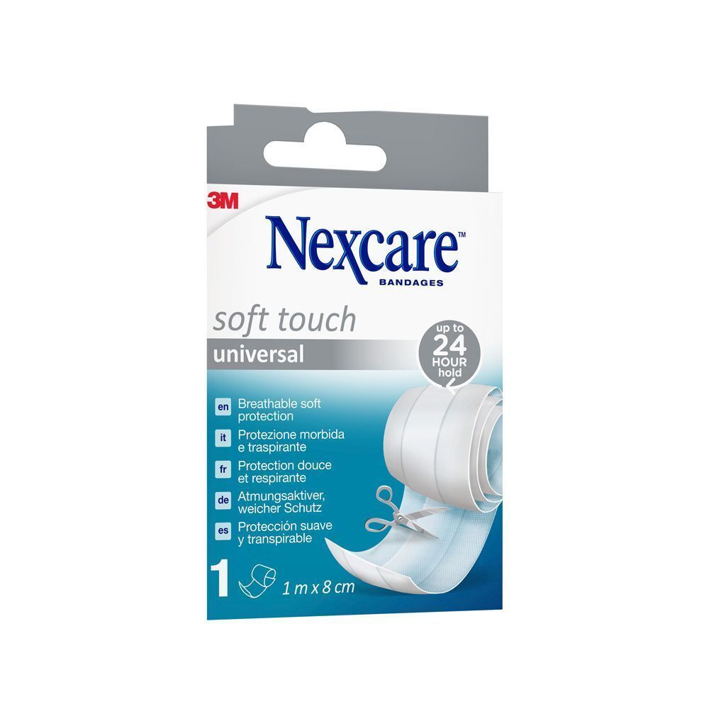 Nexcare Soft Touch Universal-Bandage. 1 m x 8 cm. Emballage avec bandage et ciseaux. Logo 3M.