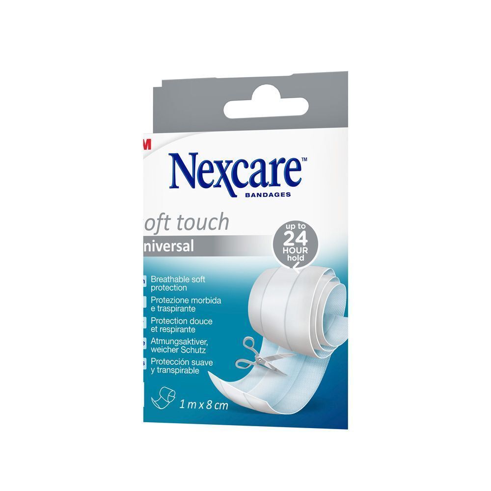 Nexcare Soft Touch Universal-Bandage. 1 m x 8 cm. Emballage avec bandage et ciseaux. Logo 3M.