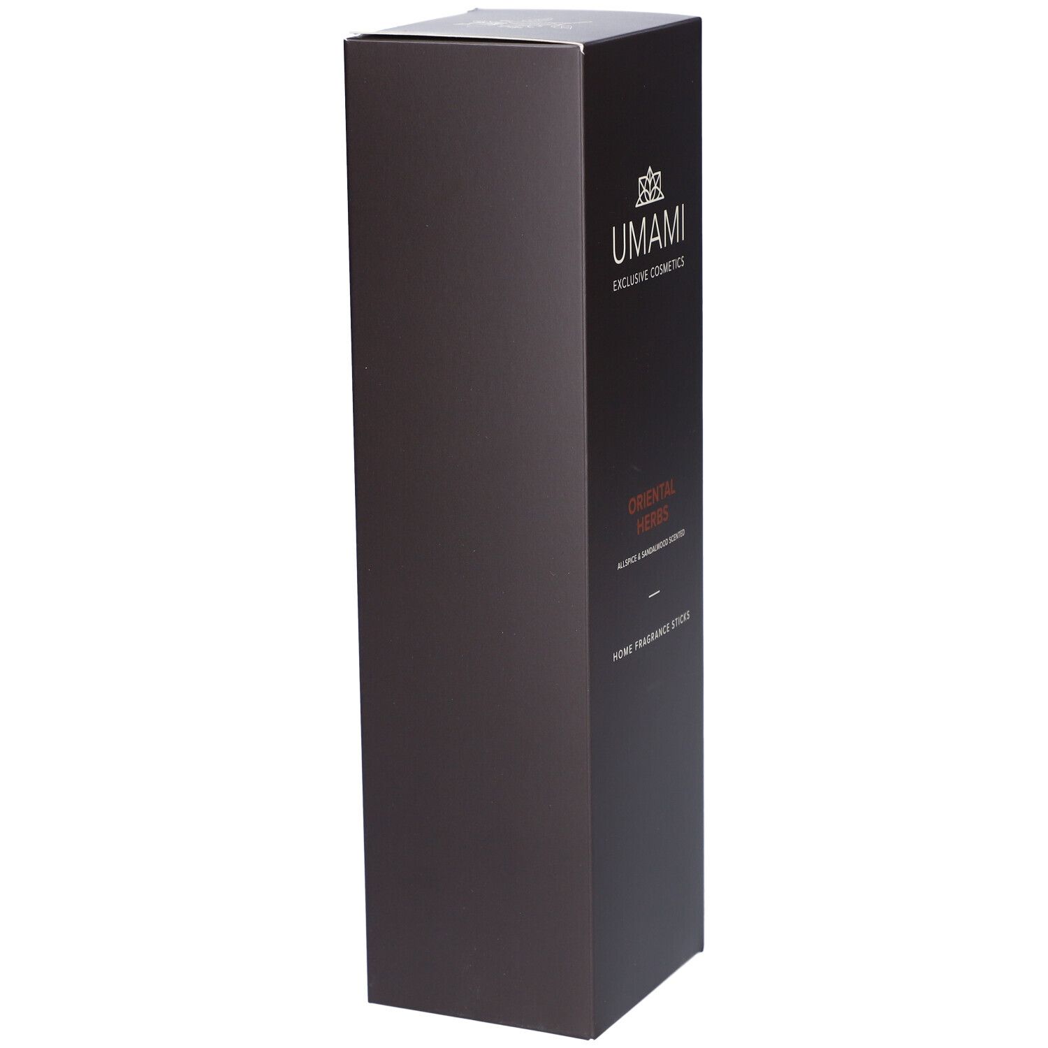 Hoge, bruine verpakking. Opschrift: ORIENTAL HERBS. Tekst: Allspice & Sandalwood Scented. Home Fragrance Sticks. UMAMI logo.